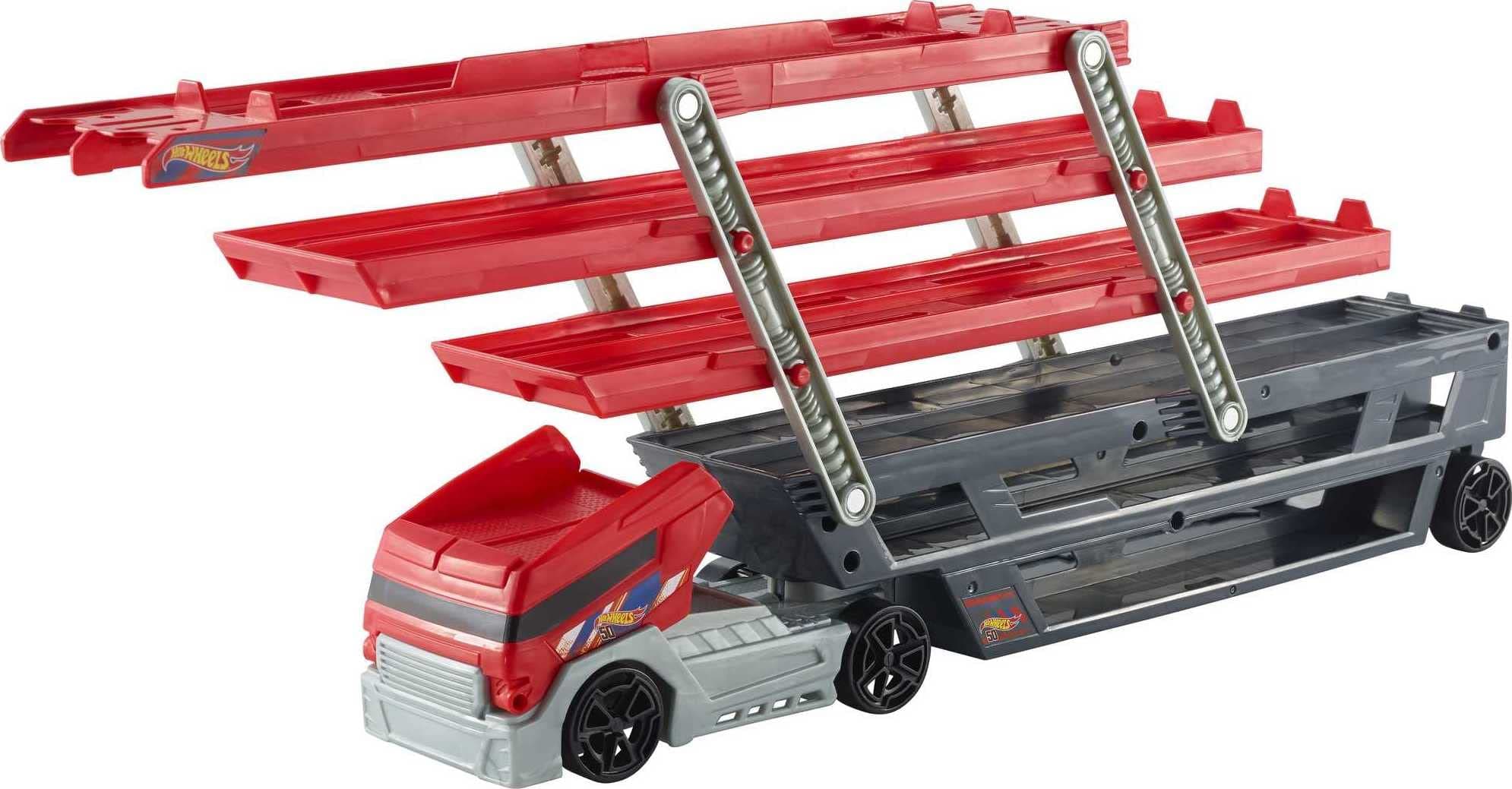 Toy Truck Track Set, HW Mega Hauler Playset, Stores 50+ Vehicles, Expands to 6 Levels, Connects to Tracks