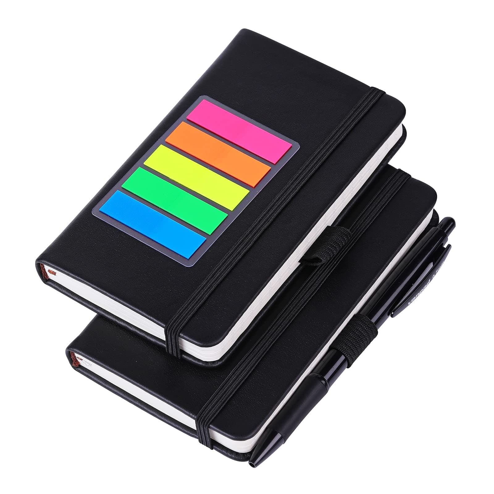 (2 Pack) Pocket Notebook Small Hardcover Writing Note Book 3" x 5.5", Mini Ruled Lined Journal, Leather Cover, Flat 100 gsm Thick Paper, No Bleed, with Pen Holder, Bookmarks and Inner Pockets, Black