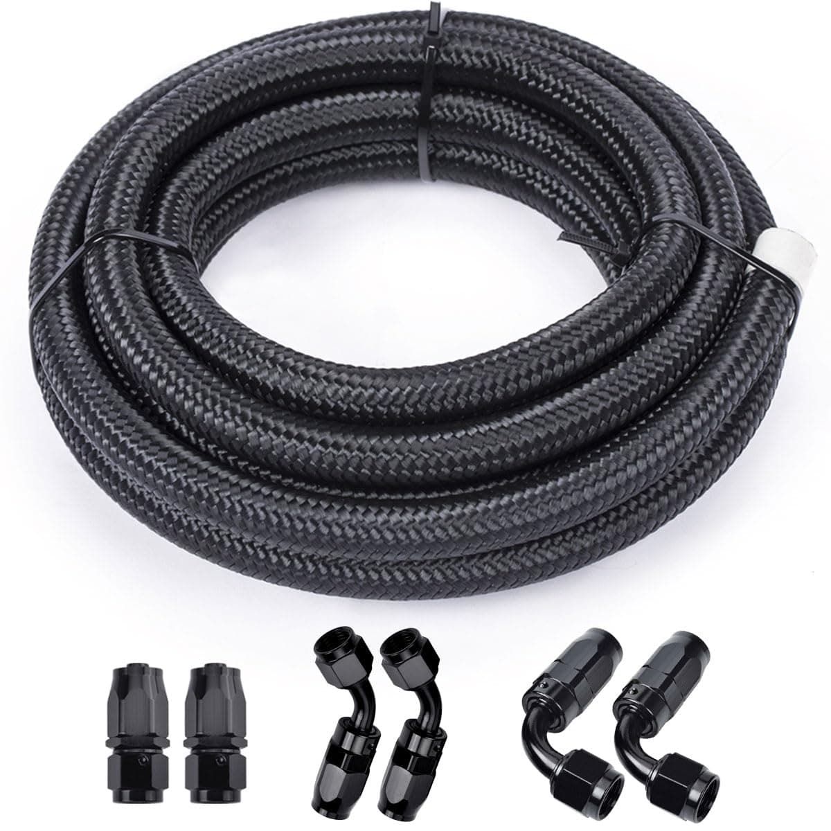 IPARTS EXPERT 3/8 6AN 12FT Fuel Line Hose Kit, Nylon Stainless Steel Braided Fuel Line Oil/Gas/Fuel Hose End Fitting Hose with 6PCS Swivel Fuel Hose Fitting Adapter Kit - Black