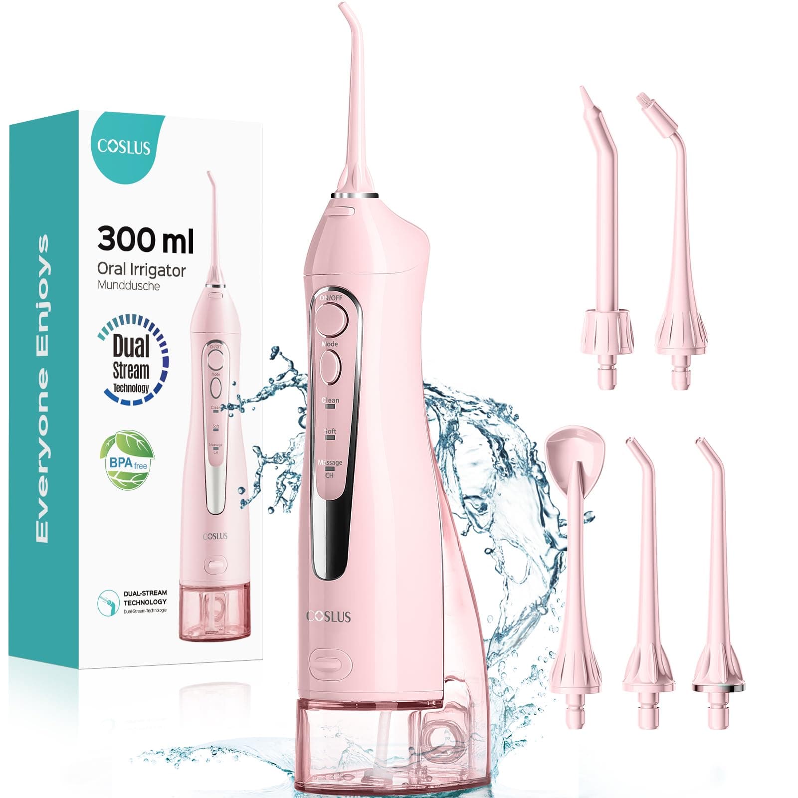 COSLUS Professional Water Flosser For Teeth Braces Gums Care, Cordless Oral Irrigador, Deep Cleaning, Rechargeable, Waterproof, BPA-Free, Portable, Home and Travel, Pink C20