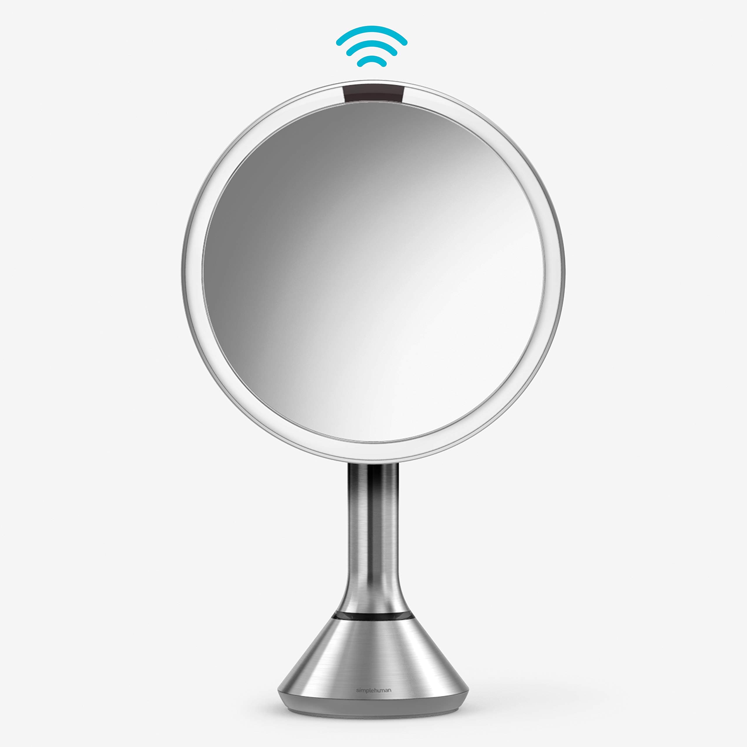 simplehuman 8" Round Sensor Tabletop Mount Makeup Mirror with Touch-Control Dual Light Settings, 5x Magnification, Rechargeable and Cordless, Brushed Stainless Steel