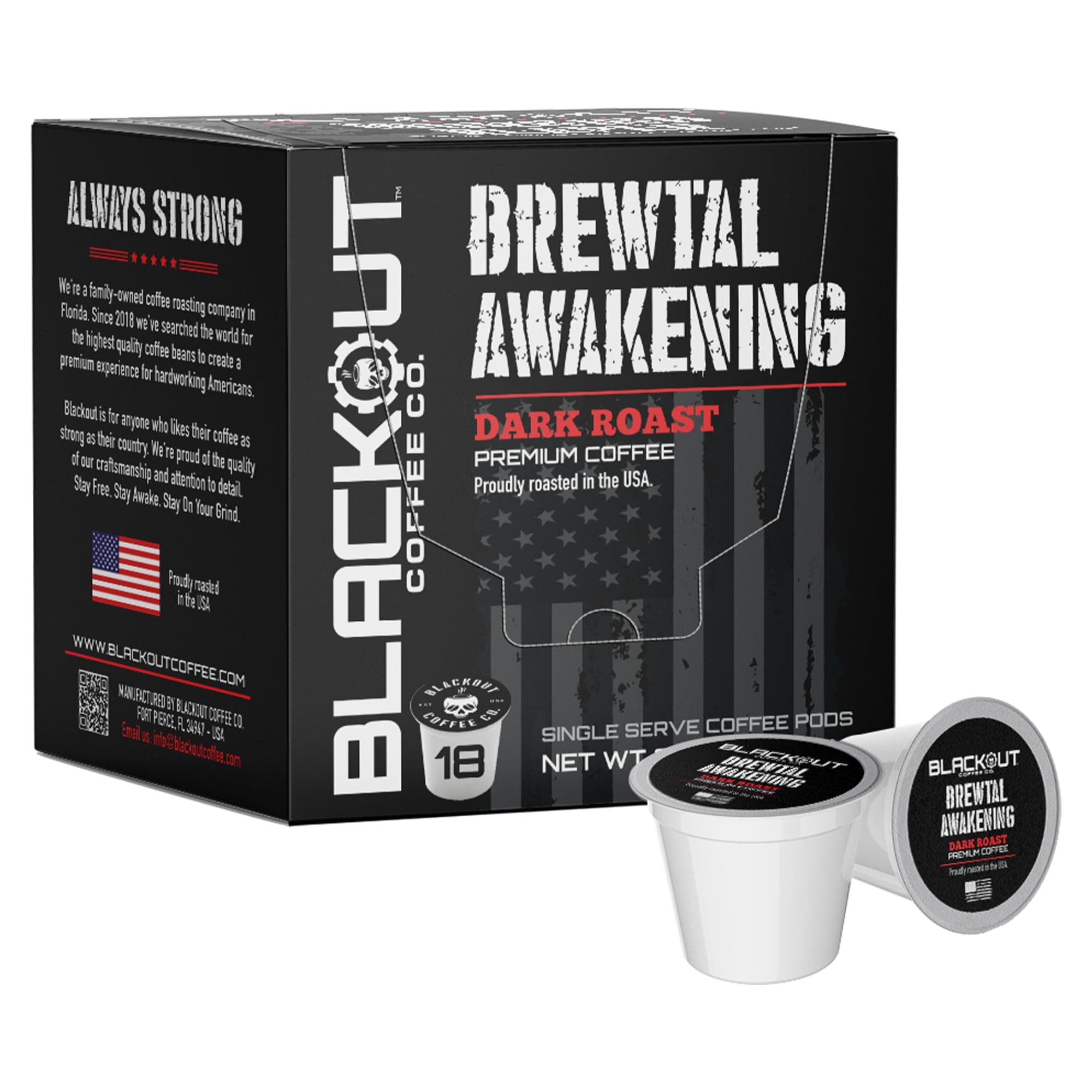 Blackout Coffee Brewtal Awakening Dark Roast Coffee – HIGH CAFFEINE, Bold & Strong, Fuel Your Mission – 18 Count Coffee Pods