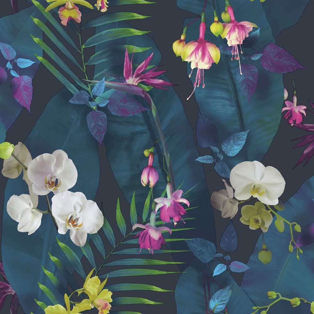 Arthouse Pindorama Blue Wallpaper - Beautiful Florals with Colorful Tropical Flowers - Vibrant Tones on Dark Navy Background - Features High Gloss Gel Textured Highlights - 690101