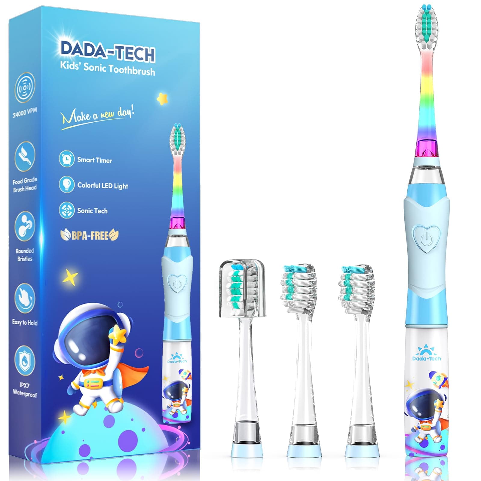 Kids Electric Toothbrush Toddler Toothbrush Age 2-4-8-12 Electric Toothbrush Kids with Timer Rainbow LED Light Up Vibrating Toothbrush Battery Operated Childrens Sonic Tooth Brush (Astronauts Blue)
