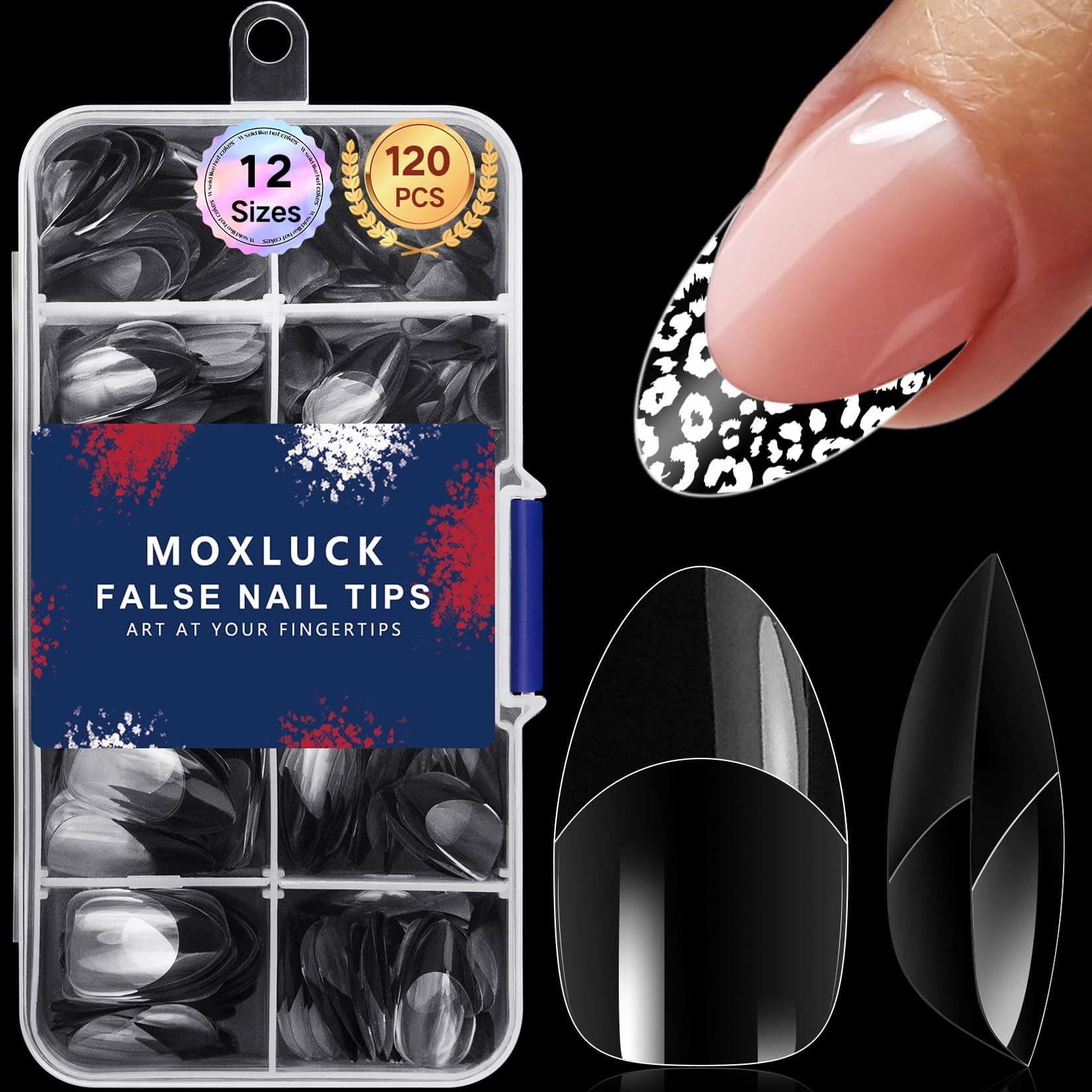 Moxluck Short Almond Nail Tips,Acrylic False Nails Almond Press-On Fake Nail,Black Clear Nail Tips Acrylic Almond False Nails Tips 120pcs,For Nail Extensions Home DIY Nail Salon Nail Tips Art