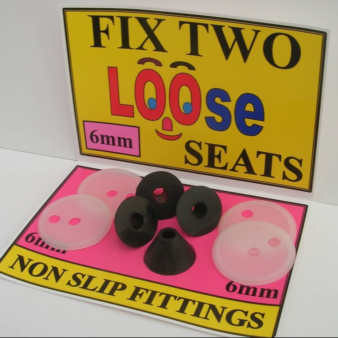 TOILET SEAT HINGE REPAIR KIT. 4 NON SLIP RUBBER FITTINGS PLUS 4 NYLON BASE PLATE WASHERS, ENOUGH FIXINGS TO CURE TWO LOOSE TOILET SEATS. NEW PURPOSE DESIGNED NON SLIP FITTINGS FOR ANY METAL TOILET SEAT HINGE WHICH FASTENS UNDERNEATH THE BOWL.