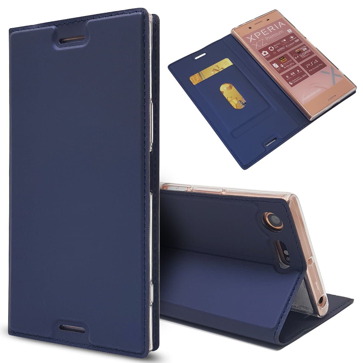 Sony Xperia XZ Premium - Design Cover Wallet Style Flip Cover Case Compatible with Sony Xperia XZ Premium ONLY (Sony Xperia XZ Premium Cover Dark Blue)
