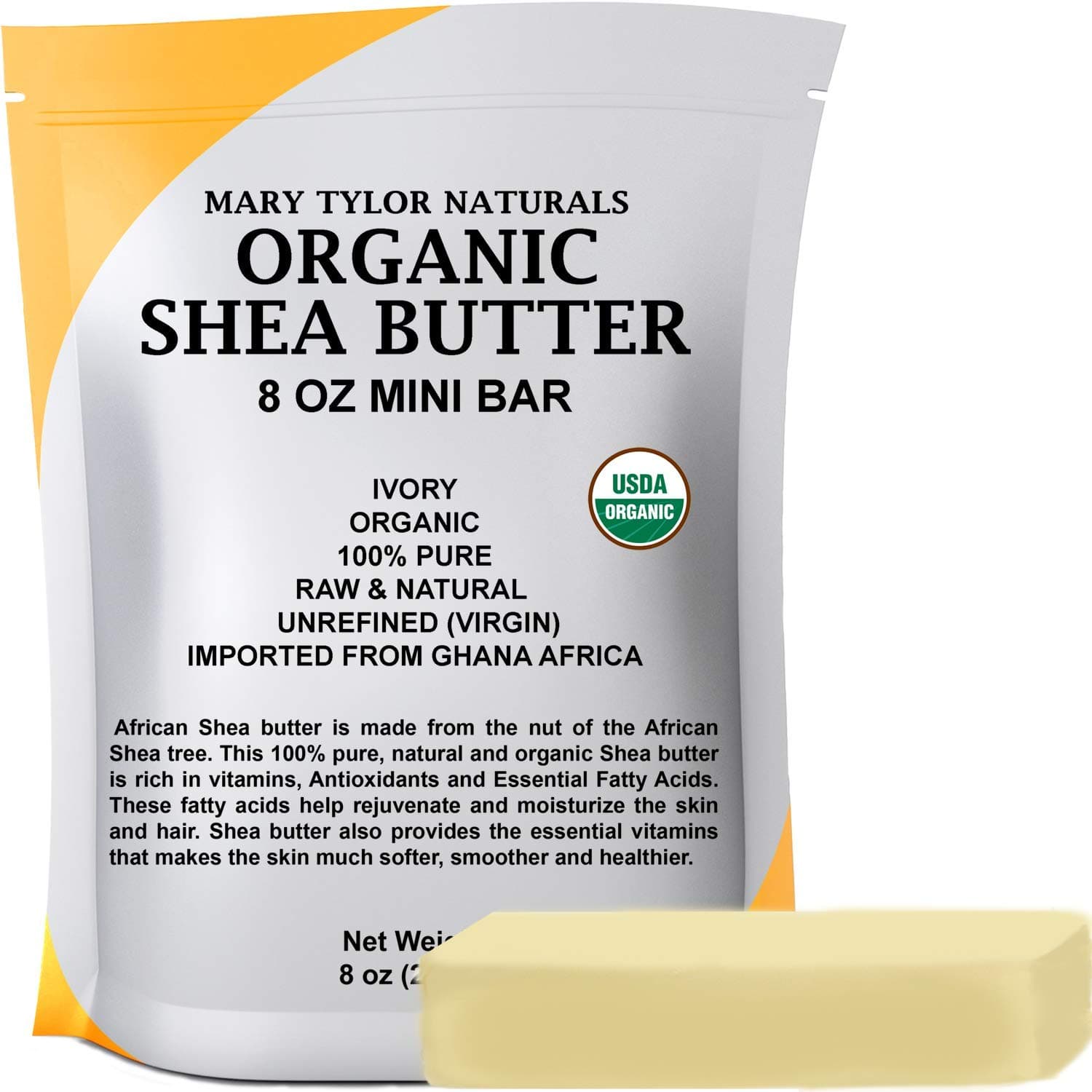 Mary Tylor Naturals Organic Shea butter 8 oz — USDA Certified Raw, Unrefined, Ivory From Ghana Africa — Amazing Skin Nourishment, Eczema, Stretch Marks and Body