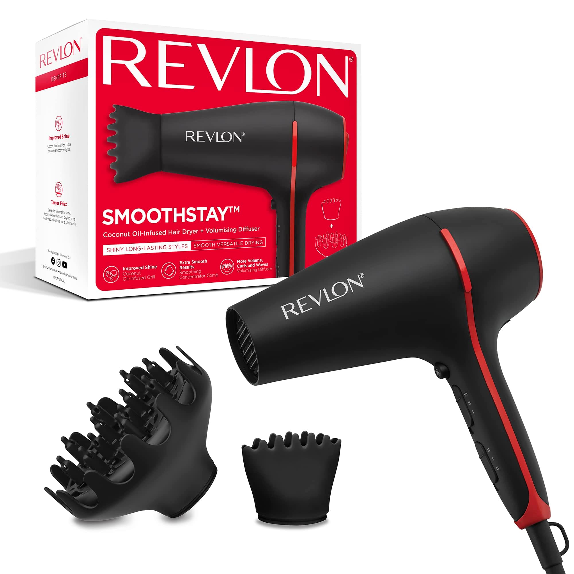Smoothstay Coconut Oil-Infused Hair Dryer (2000 watts, 2 Accessories for Styling Versatility: Diffuser & Concentrator Comb, Ceramic Tourmaline Ionic Technology) RVDR5317