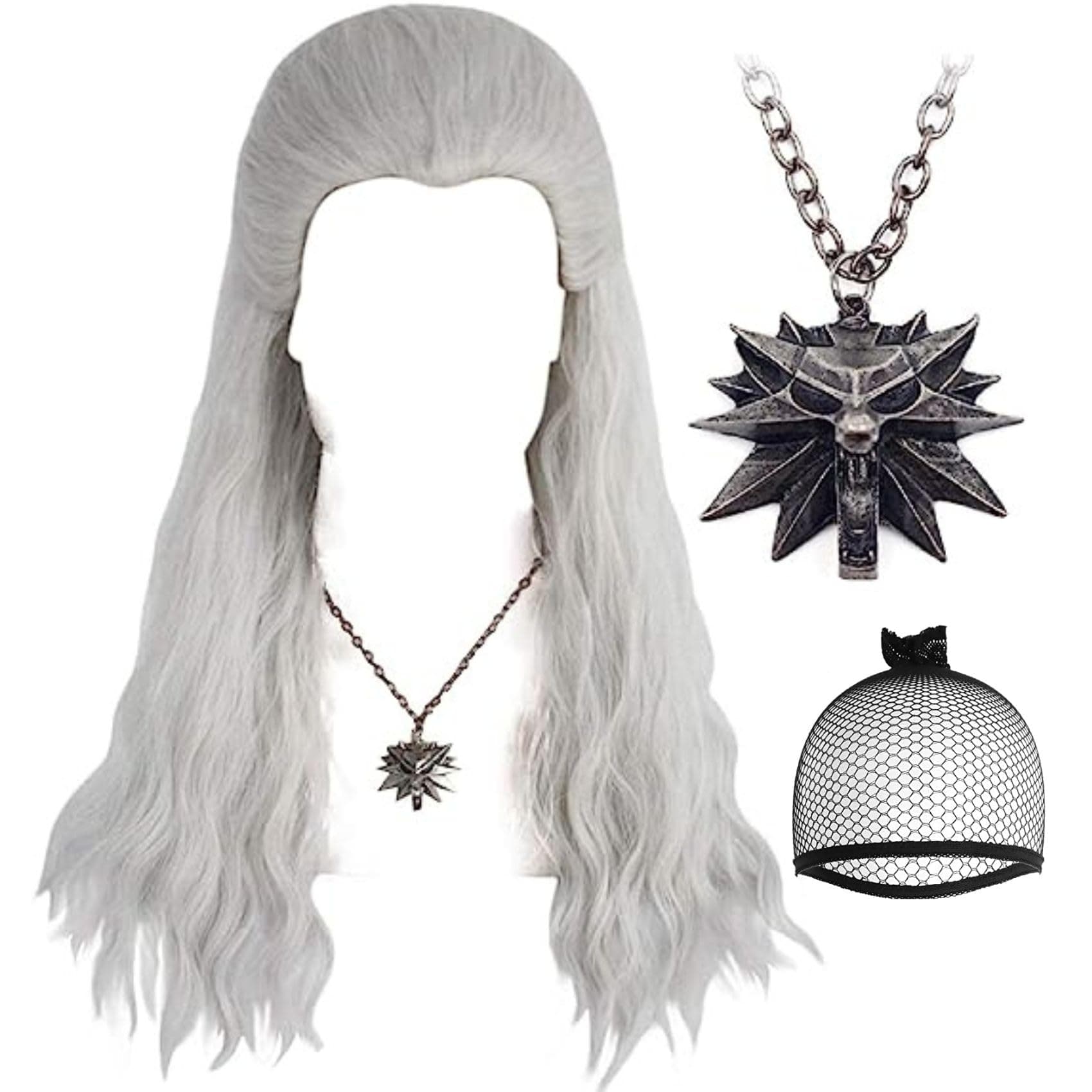 Hair Cap+(1 Necklace) Silver White Wigs Men Long Curly Silver White Wigs for Comic Con wigs with Necklace Costume Wig for Halloween for Party