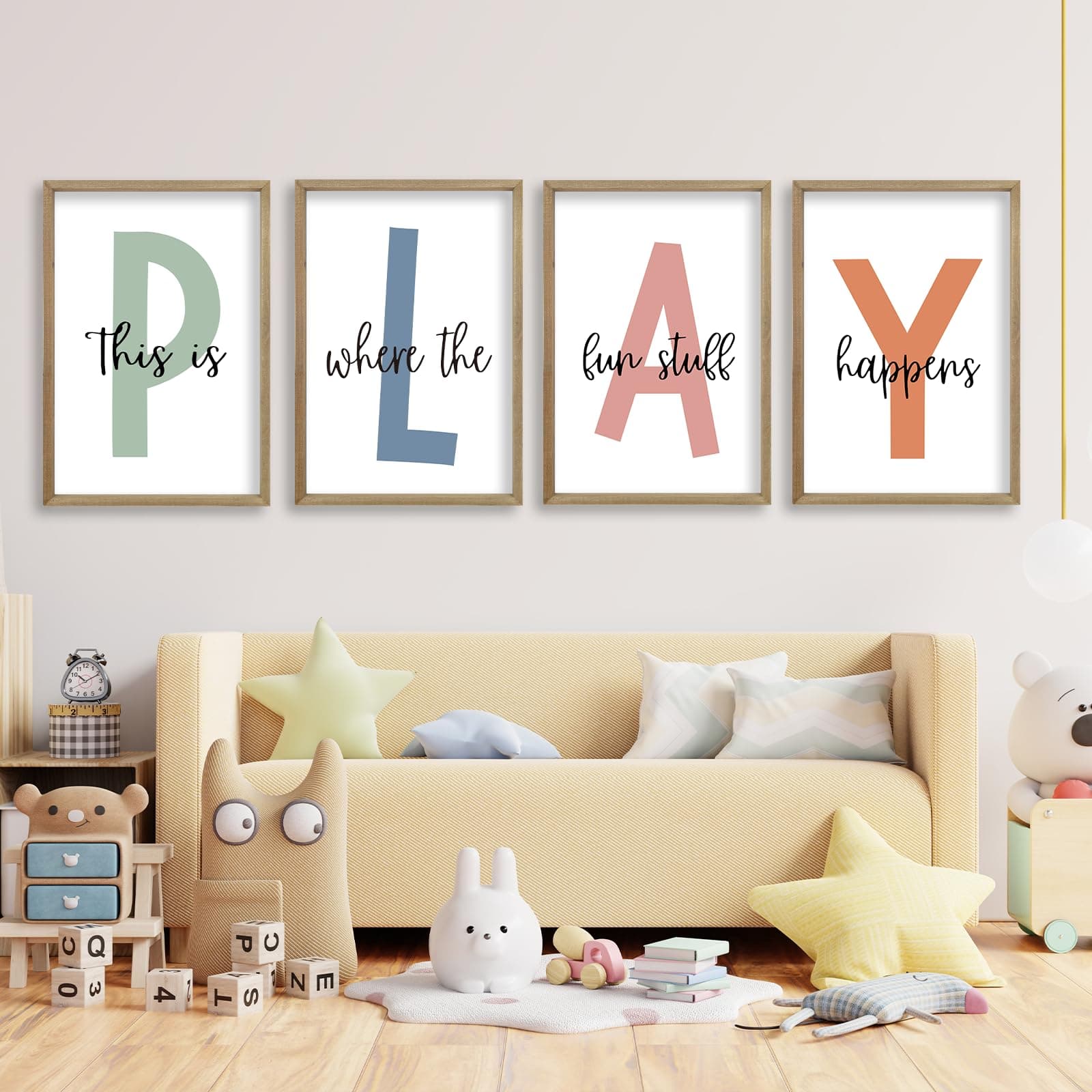 This Is Where The Fun Stuff Happens Kids Playroom Wall Art 24x16 Inch Set Of 4 Rustic Kids Wood Framed Boy Sign Toddler Modren Nursery Interesting Let's Play Prints Wall Hang Decor (Wood)