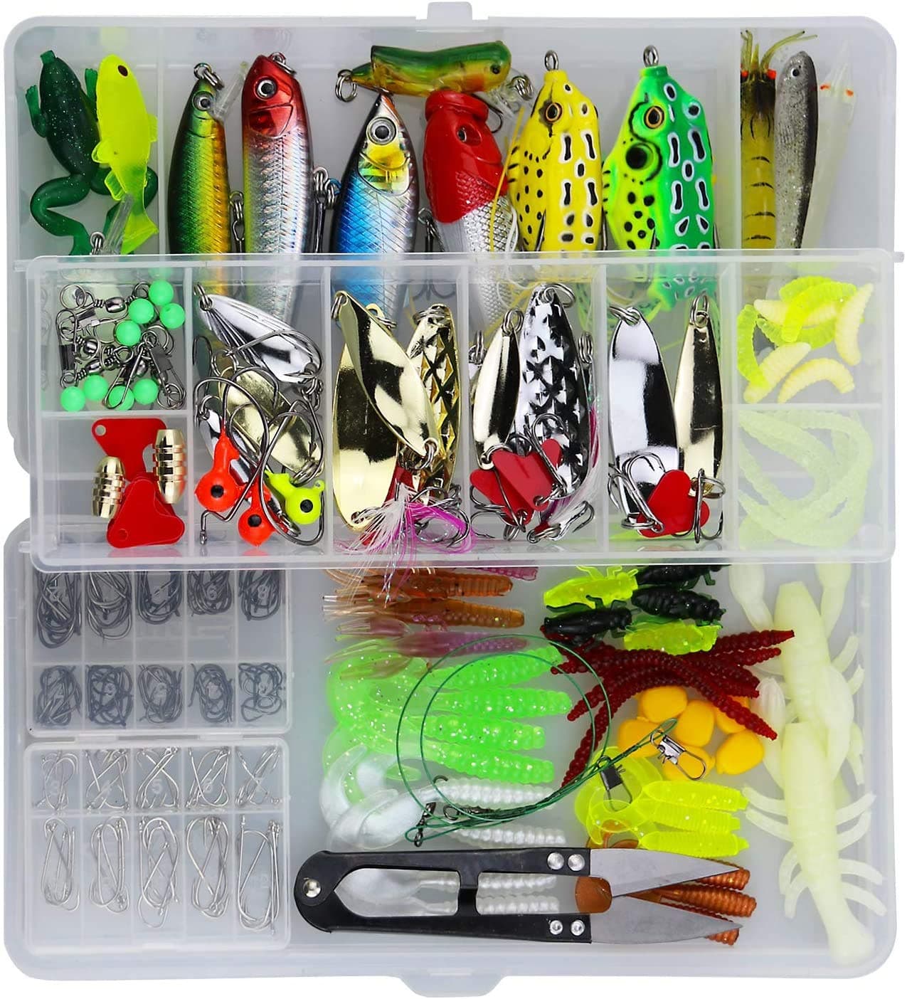 Cishbsoal 235pcs Fishing Lures Mixed Including Spinners,VIB,Treble Hooks,Single Hooks,Swivels,Pliers,Leaders