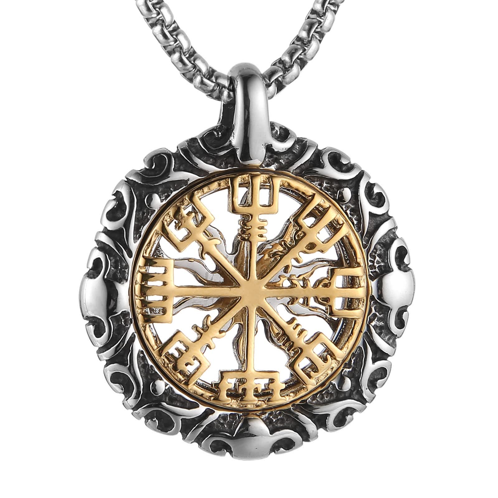 Viking Vegvisir Norse Compass Stainless Steel Necklace Double-Sided Hollow Engraving Sun Totem Pendant Norse Amulet Jewelry