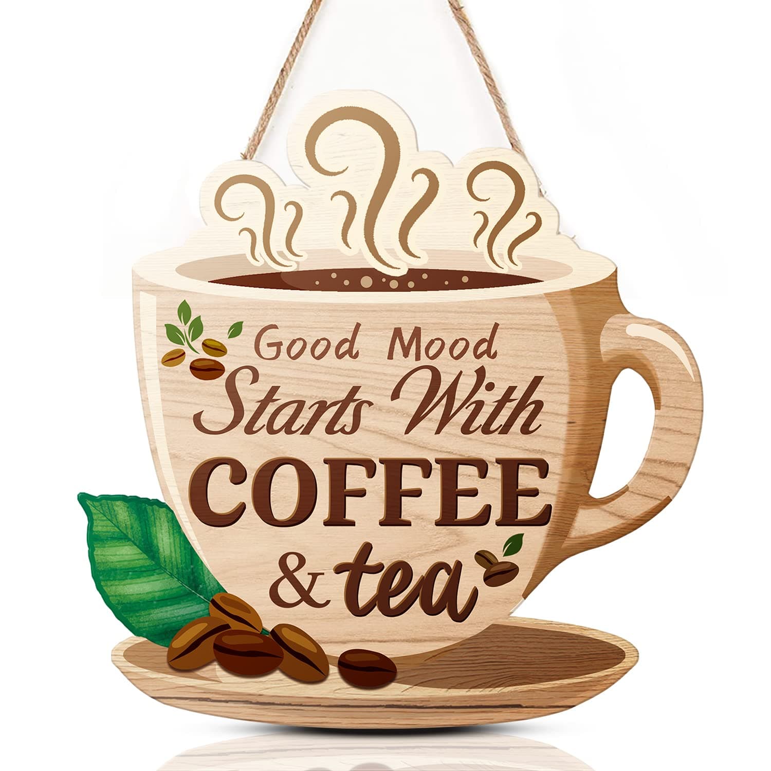 TOARTi Coffee& Tea Wooden Sign for Kitchen Decoration,Fuuny Quotes Good Mood Stars with Coffee and Tea Wood Decorative Plaque for Dining Room Wall Art Decor
