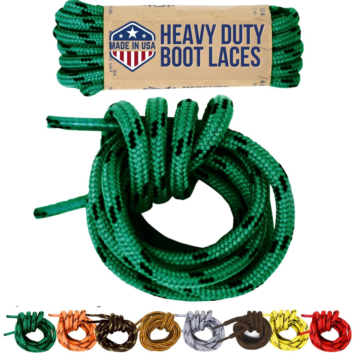 Mercury + Maia Honey Badger Boot Laces, USA Made Indestructible Shoelaces, Round Heavy Duty Bootlaces for Work & Hiking, Green and Black, 96 inches (1 pair)