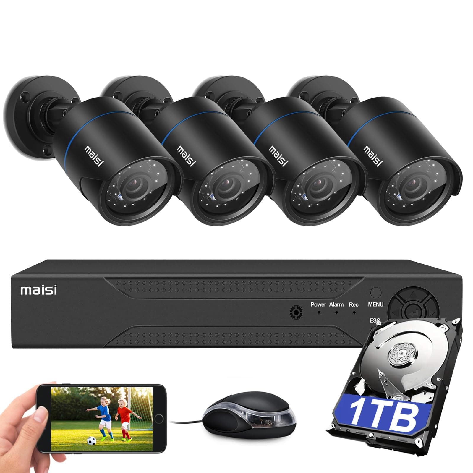 HD CCTV Camera System, 8 Channel 3K Security DVR with 4PCS 5MP Outdoor Bullet Cameras and 1TB Hard Drive (2560x1920p, Night Vision (4 Cam)