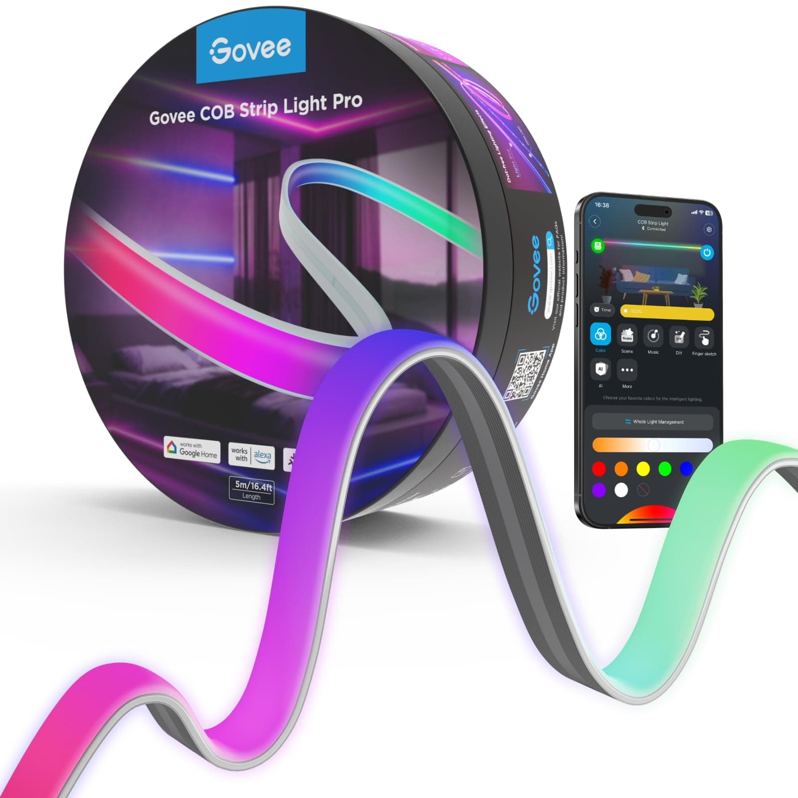 COB LED Strip Light Pro, LED Lights for Bedroom Compatible with Alexa, Google Assistant and Matter, RGBICW Light with Warm White, Smart Strip Light, Color Changing, for Cabinet, 16.4ft