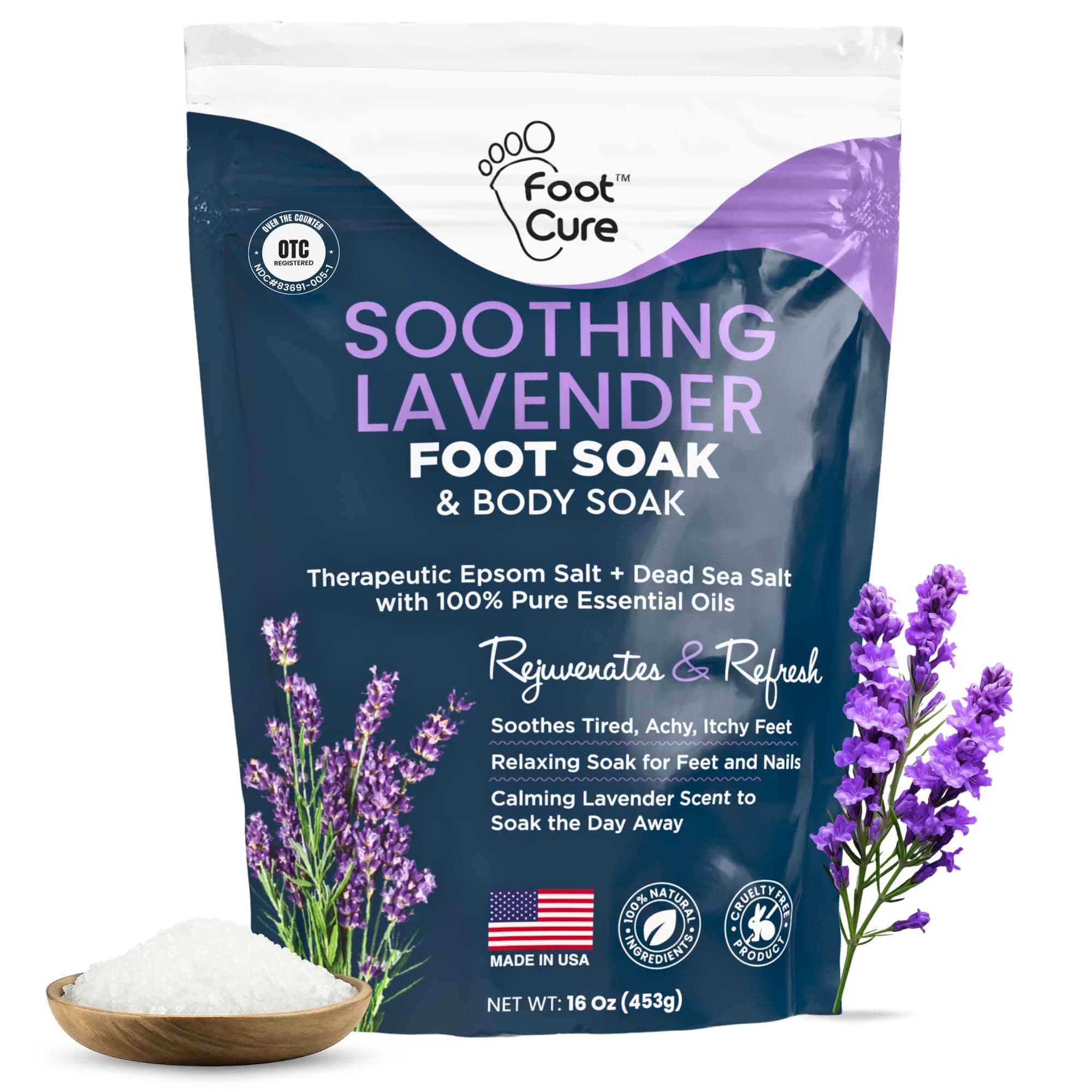 FOOT CURE Soothing Lavender Soak with Epsom Salt - Best Toenail Treatment, & Softens Calluses - Soothes Sore & Tired Feet, Odor Scent, Spa Pedicure - Made in USA 16 oz