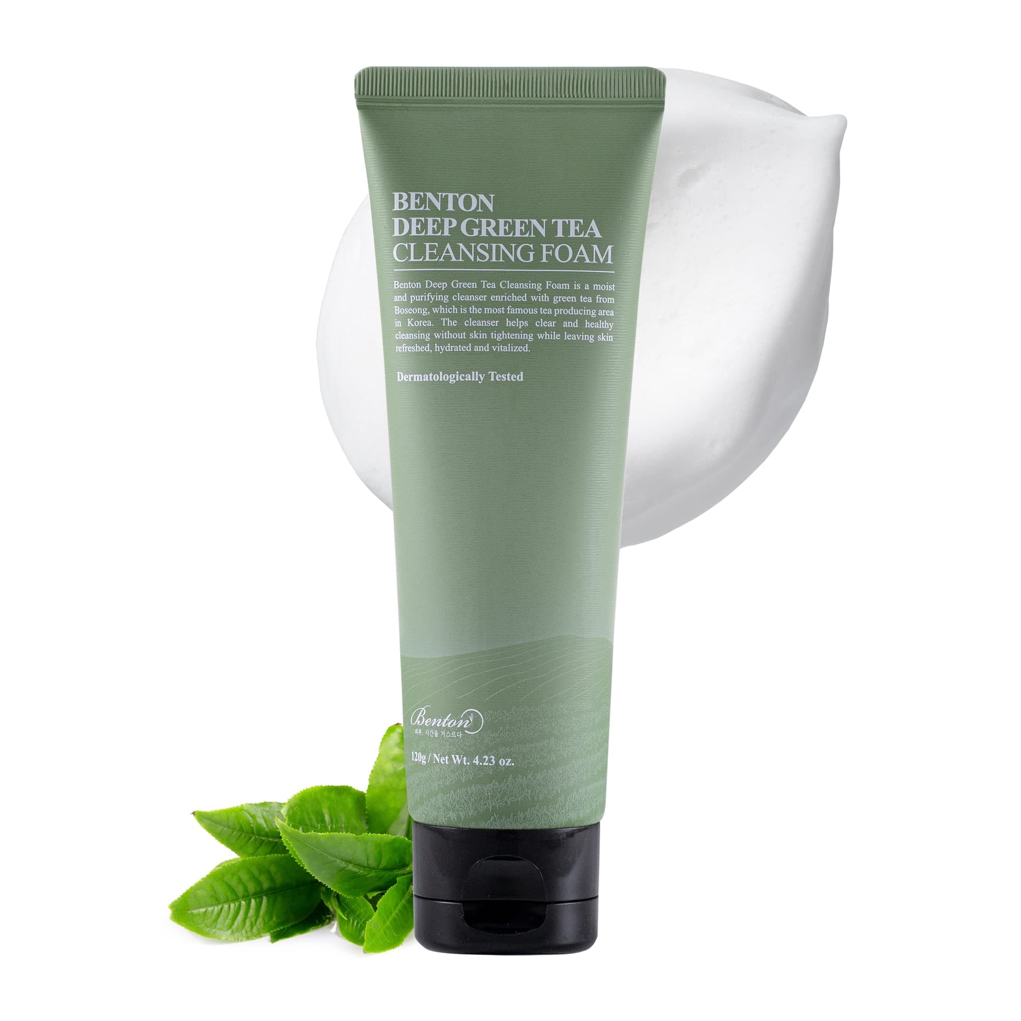 BENTON Deep Green Tea Natural Face Wash (4.23 oz.) - Hydrating and Gentle Facial Cleanser for Various Skin types, Korean Foaming Facial Cleanser