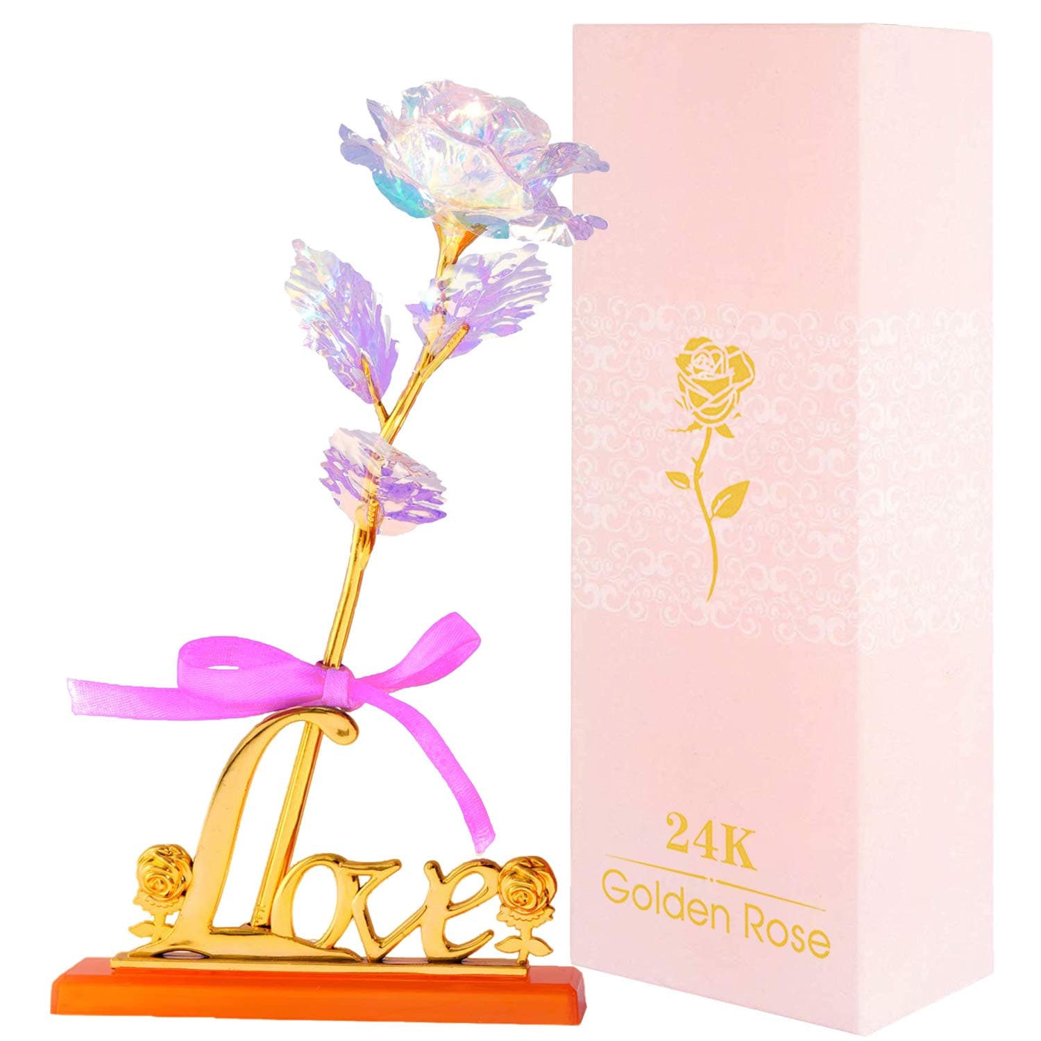 Acoavo Colorful Roses Artificial Golden Rose Plastic Flower with a Love Stand Base, Perfect Valentine's Day