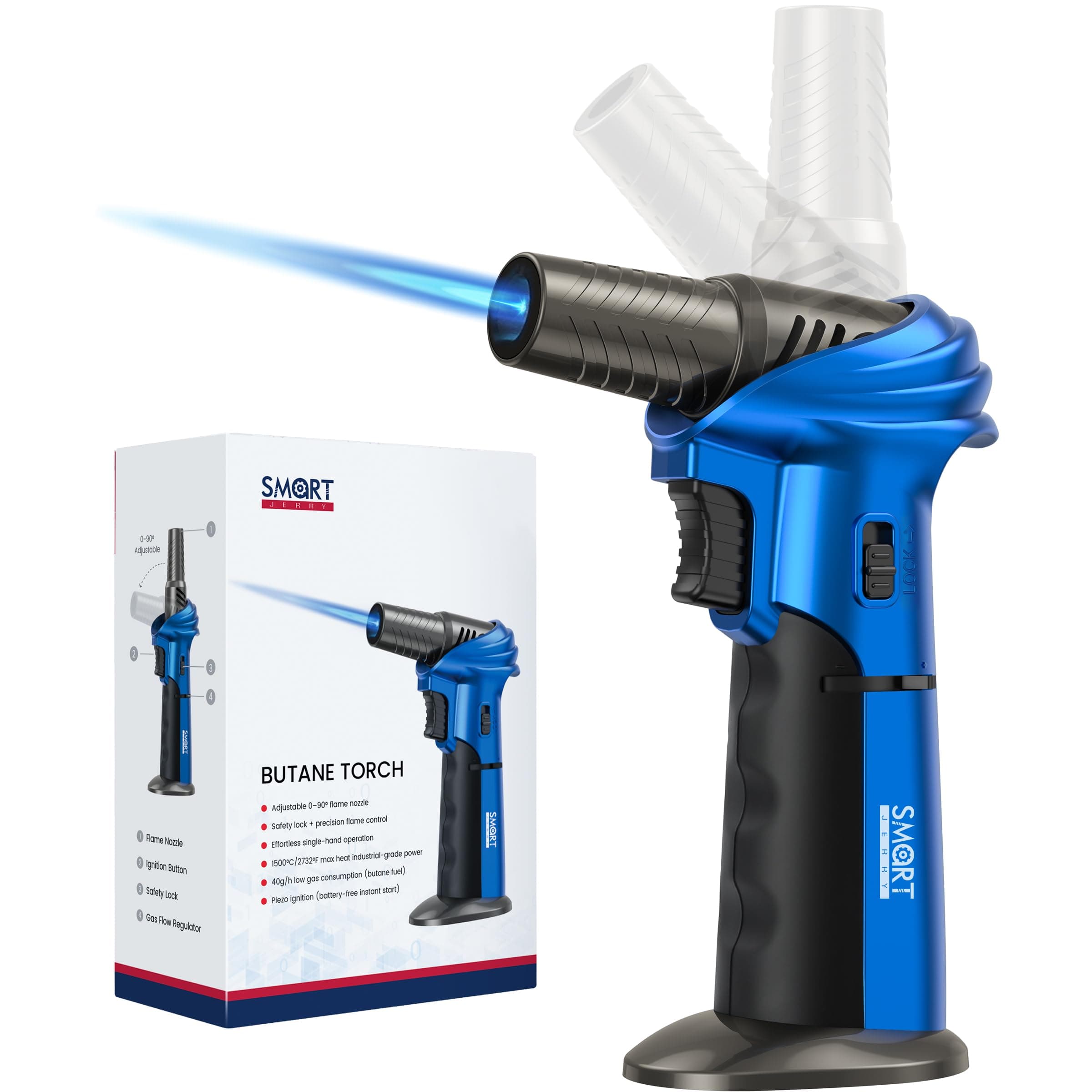 SMART JERRY - Mini Torch Gun | Butane Torch Lighter Windproof & Refillable with Safety Lock | Max 1500℃ Adjustable Flame for Cooking, BBQ, Creme Brulee, Soldering, Cigar Lighting