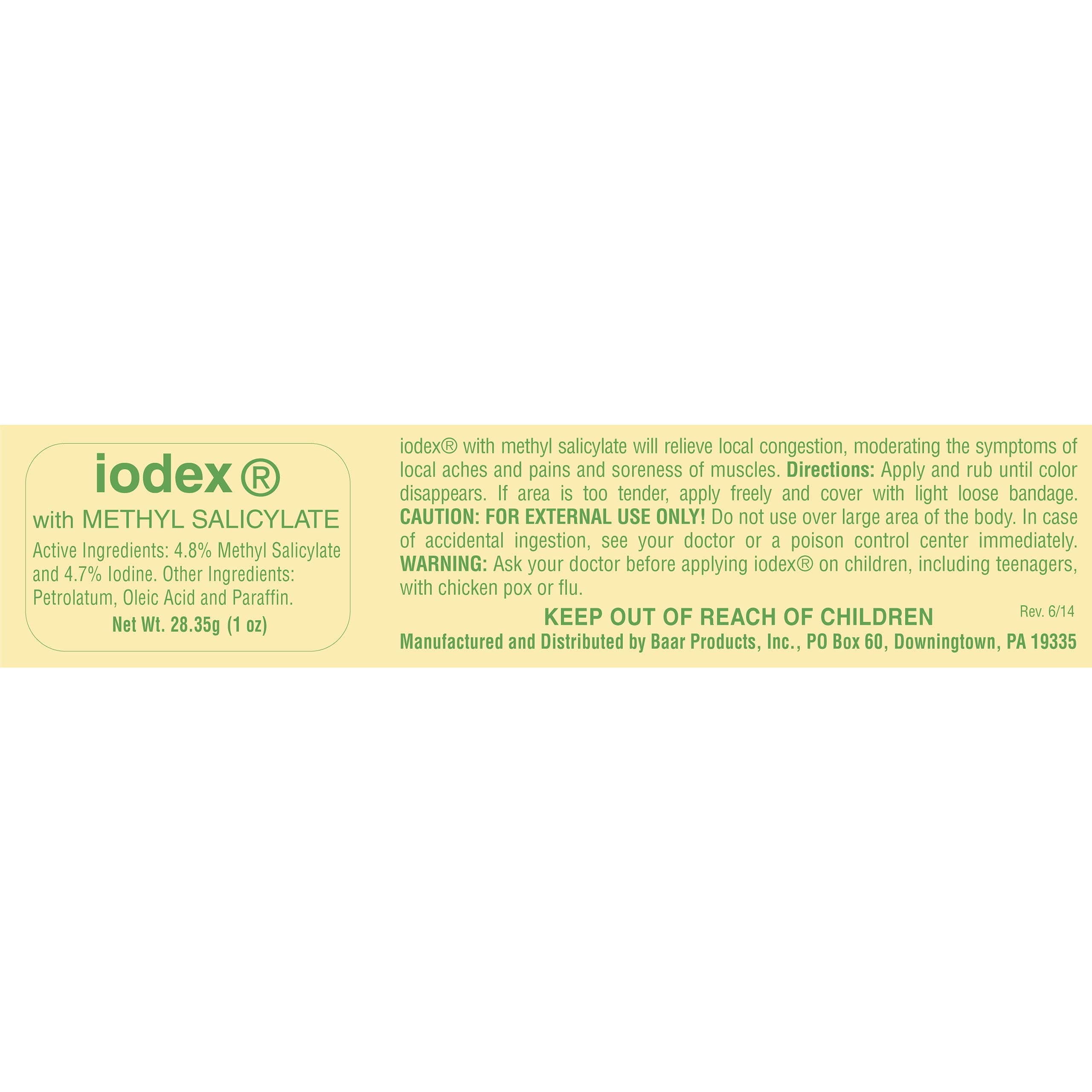 IODEX BAAR Methyl Salicylate Topical Ointment, Formulated w/ 4.7% Iodine for Local Congestion Relief, Aches, Pains, Bruises, Muscle Soreness, Stiffness, Strains & Sprains, Relieves Sore Throat, 1 oz