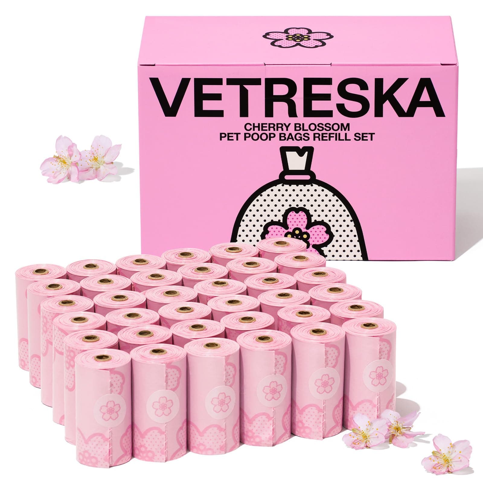 VETRESKA Pet Etiquette Bags Poop Odor Free Bags Deodorizing Bags Poop Disposal Bags Biodegradable Cherry Blossom Scented Leak Proof Extra Thick Waste Bags for Cat Litter (36 Rolls 540 Pcs)