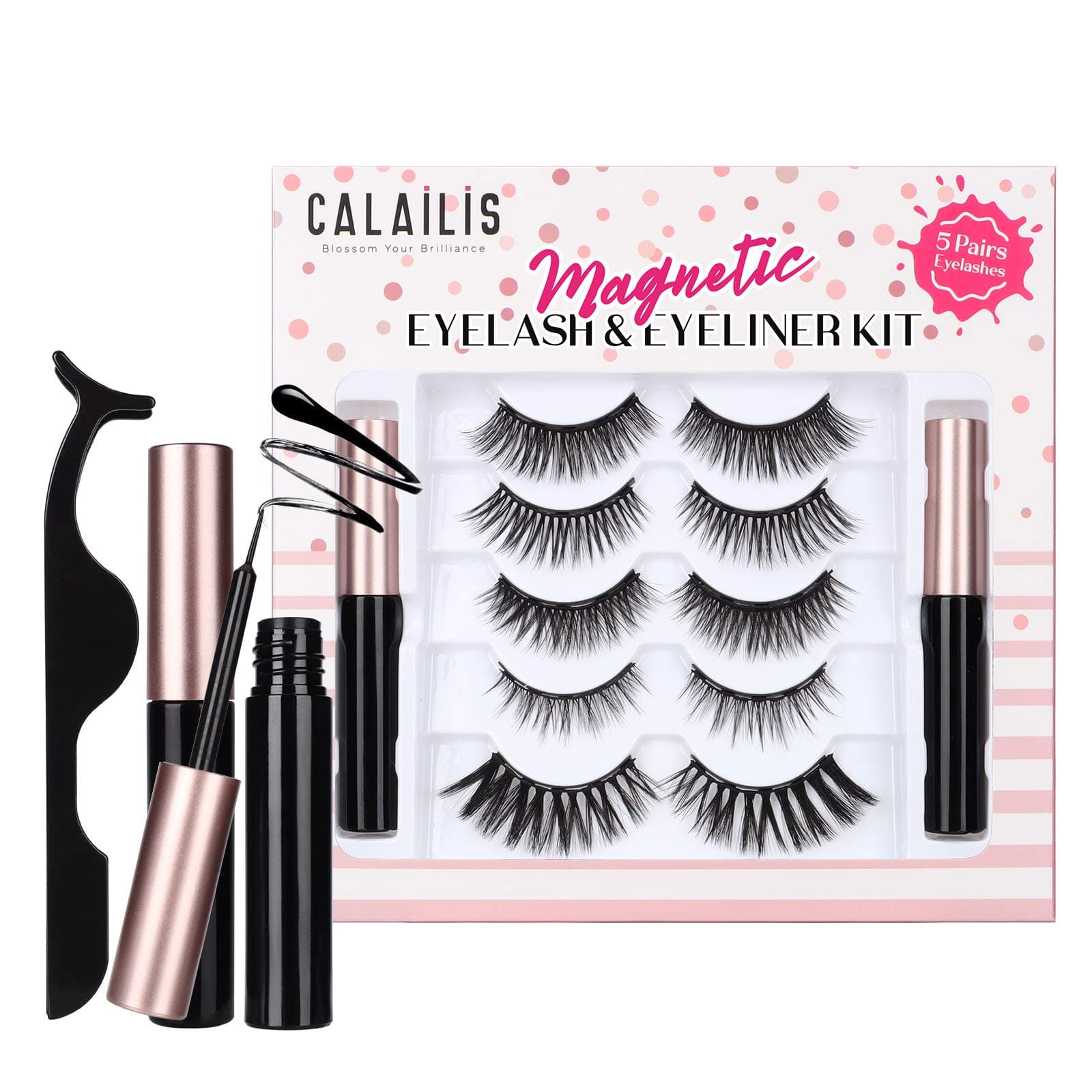 CALAILIS Magnetic False Eyelash and Eyeliner Kit, Waterproof Liquid Liner, 3D Faux Mink Lashes Natural Reusable 5 Pairs, Free Applicator (CY501)