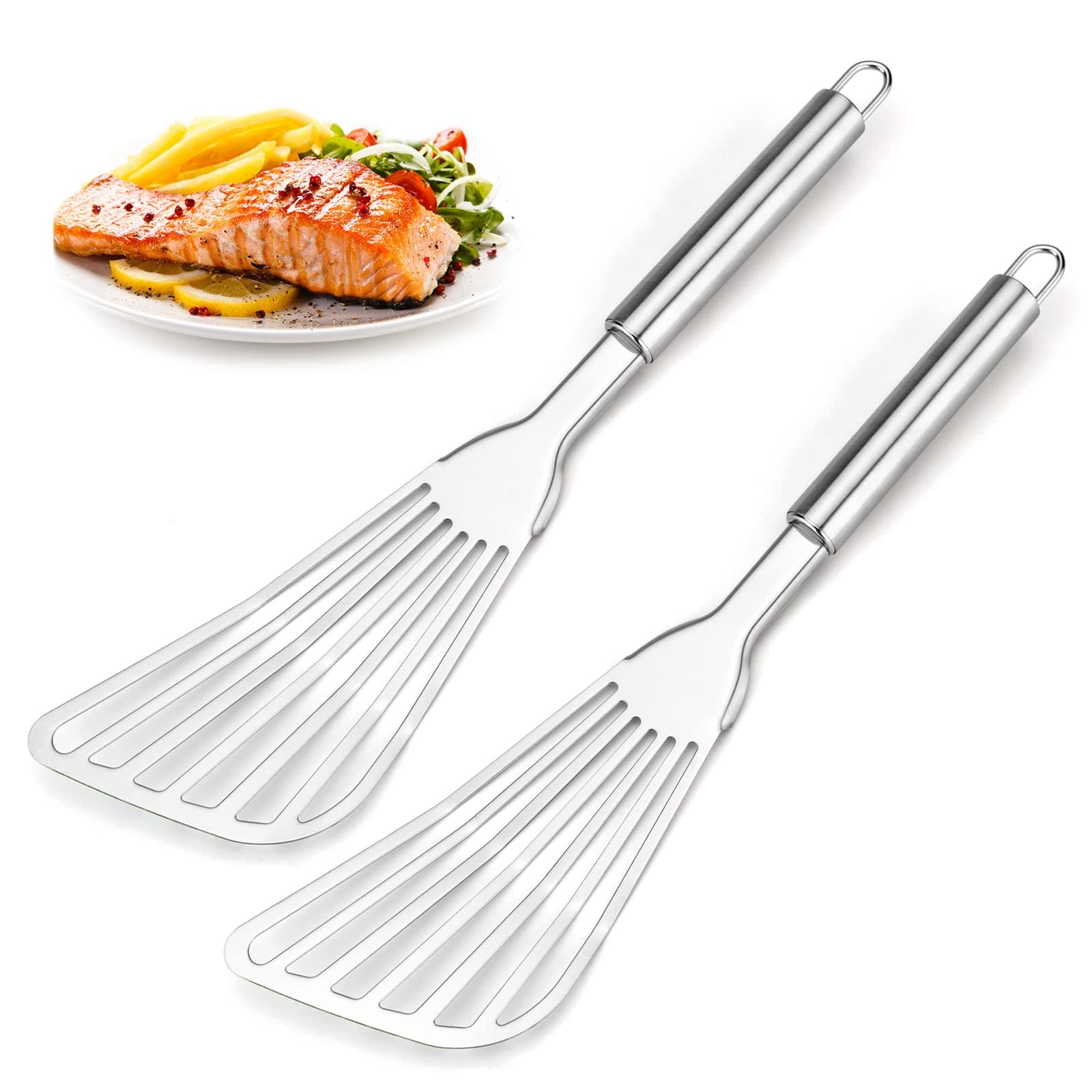 2-Piece Premium Fish Spatula Set, Big Size Stainless Steel, Thickness Blade Turner for Cooking, Flipping, Frying and Grilling