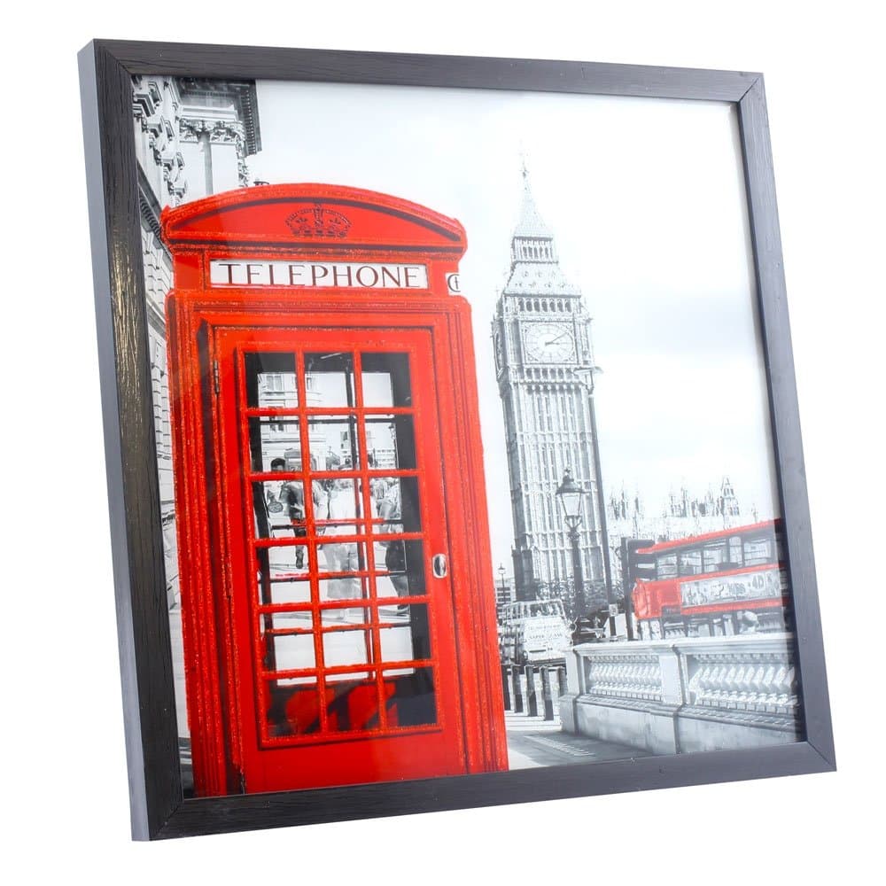 The Leonardo Collection Glitter Wall Art Black & White Framed London Print - Big Ben/Phone Box/Bus with Light Up LED
