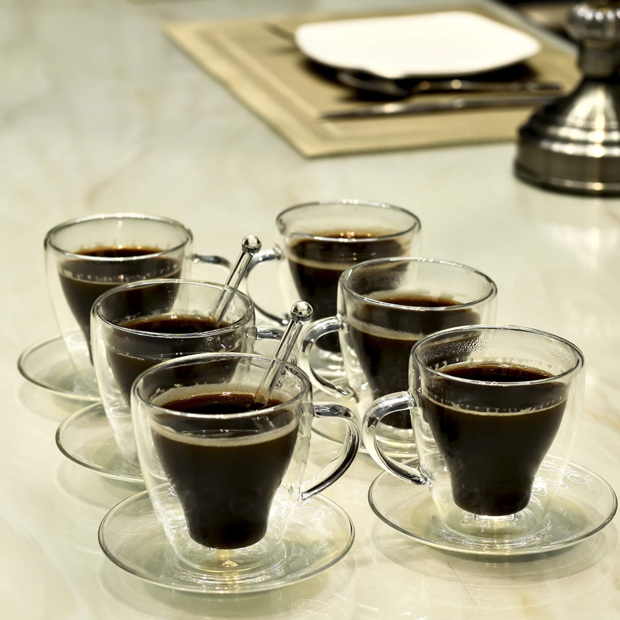 Sapphire® Double Wall Glass Cup 180ml Set of 6 Insulated Clear, 2 Spoon & 6 plates for Gift, Coffee, Tea, Nespresso, Espresso, Latte, Cappuccino hot 7 Ounce- كوب كوفي قهوة اسبرسو دبل مزدوج زجاجي حراري