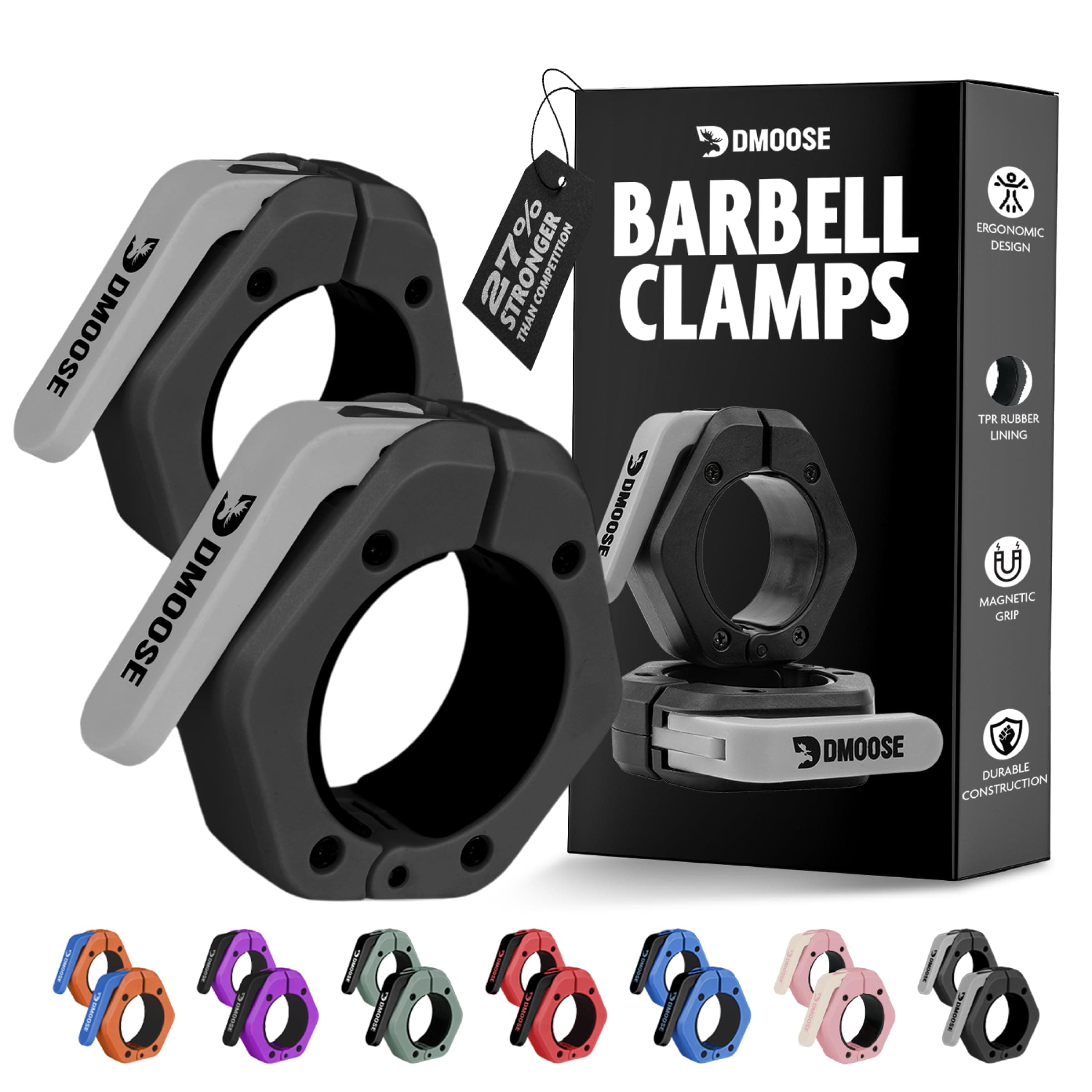 DMoose Fitness Barbell Clips - Quick Release V2 Barbell Collar - Non Slip Locking Weight Clips - Black with Grey Flap