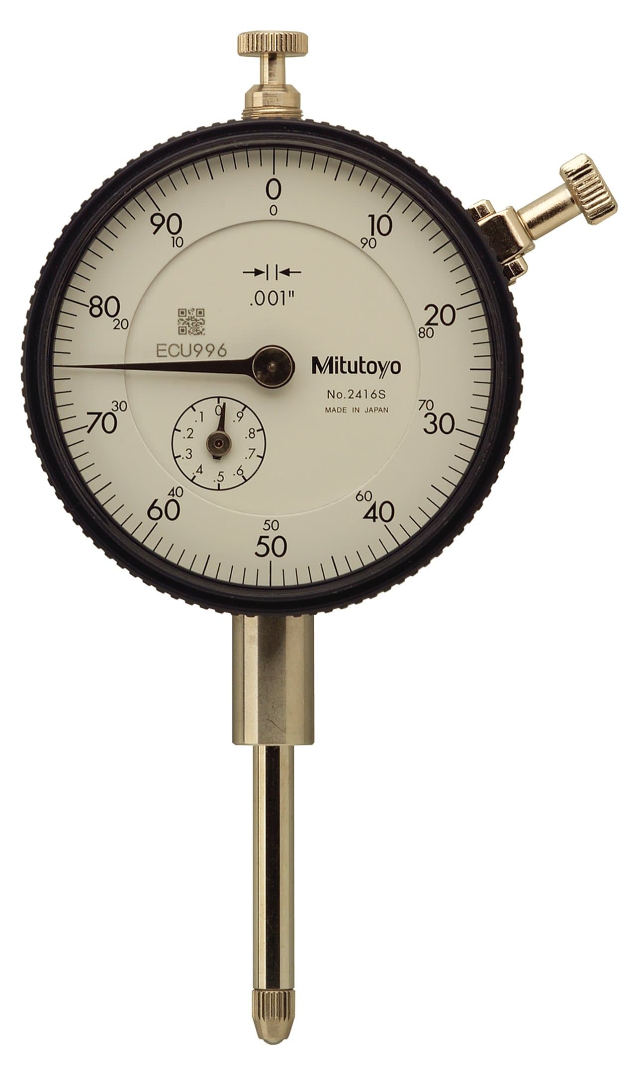 2416S-10 Dial Indicator, #4-48 UNF Thread, 3/8" Stem Dia., Lug Back, White Dial, 0-100 Reading, 57mm Dial Dia., 0-1" Range, 0.001" Graduations, +/-0.002" Accuracy