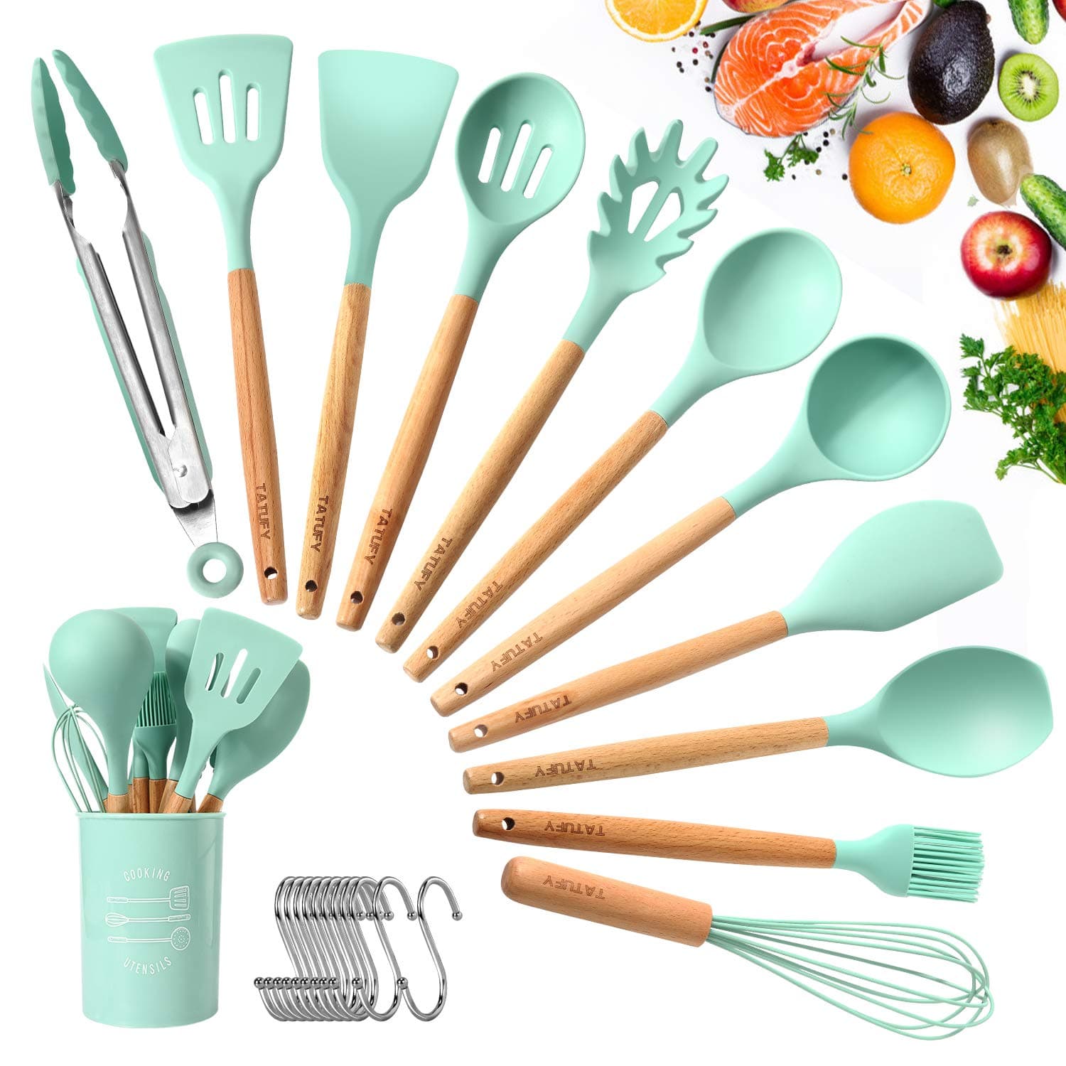 Silicone Cooking Utensils Kitchen Utensil Set,TATUFY 12 Pieces Natural Wooden Handles Cooking Tools Turner Tongs Spatula Spoon for Nonstick Cookware - Best Kitchen Tools