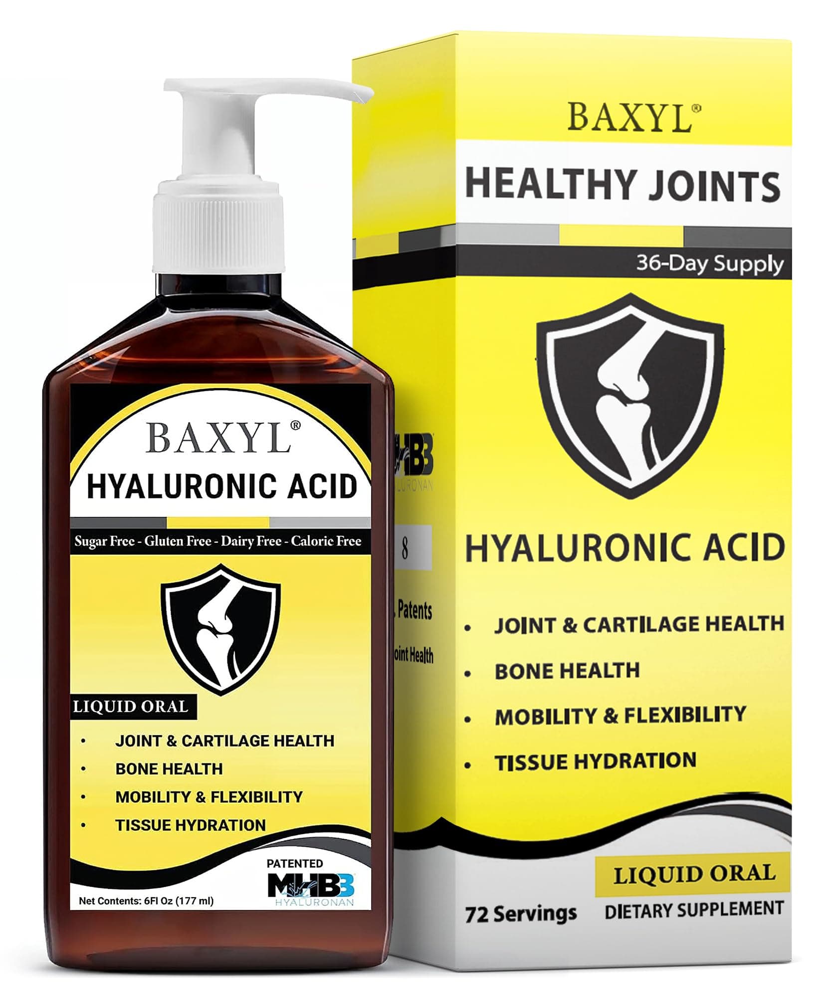 BAXYL® - Liquid Hyaluronic Acid for Joint Relief Supplement (Vegan, Gluten-Free, Non-GMO, Patented Oral MHB3) | 6 Oz, 36 Day Supply
