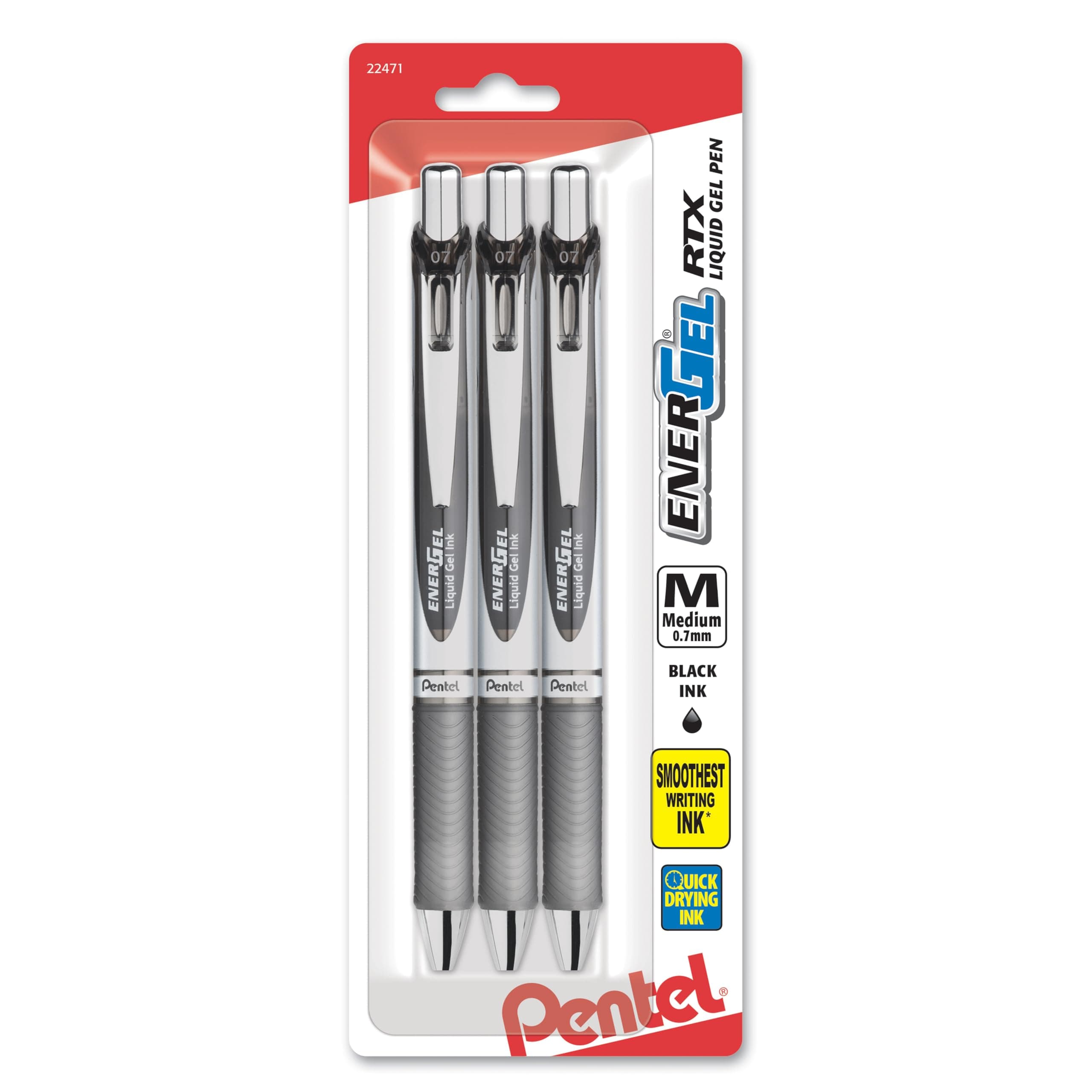 EnerGel RTX Liquid Gel Ink Pens, (0.7mm), Medium Line, Black Ink, Pack of 3 (BL77BP3A)