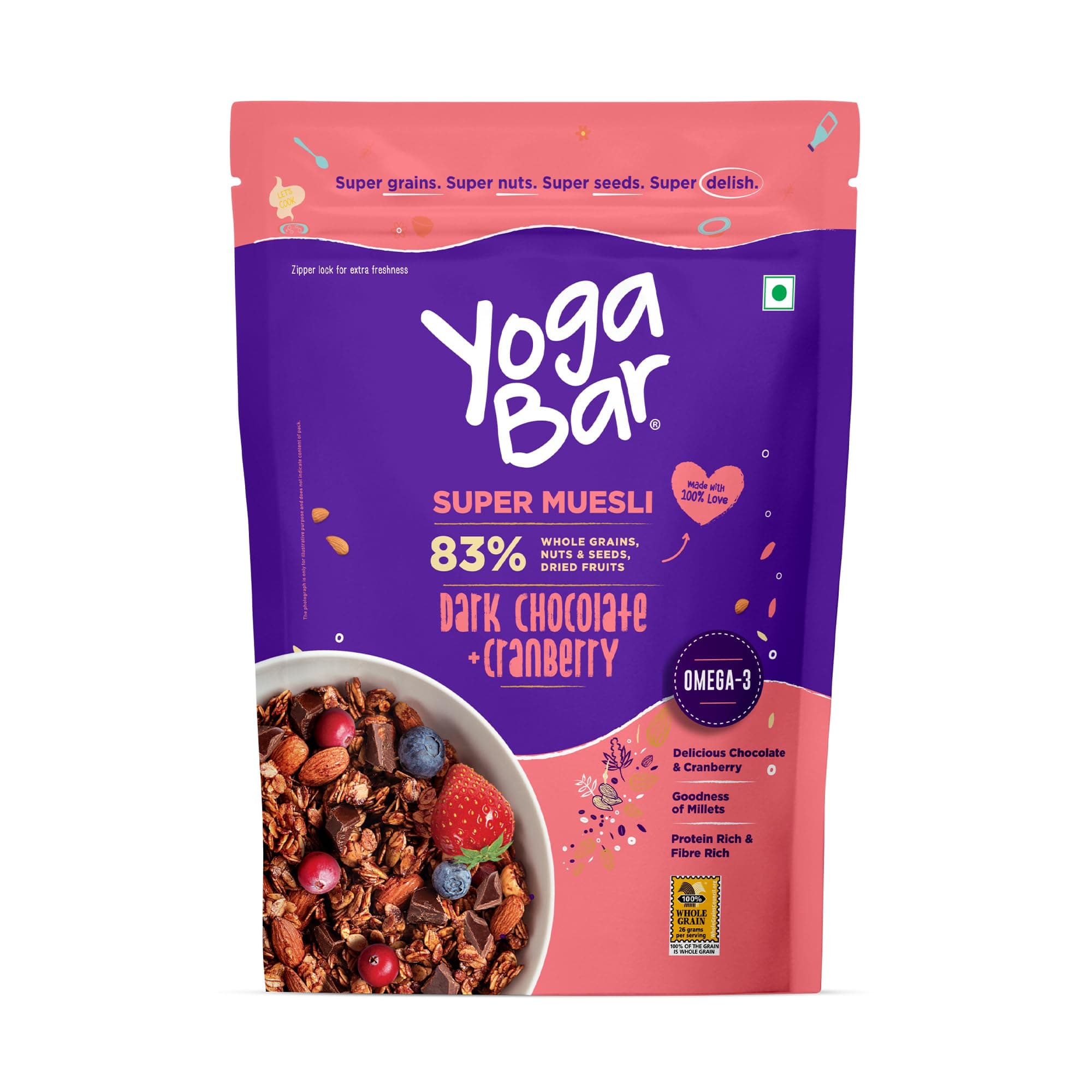 Yogabar Wholegrain Breakfast Muesli - Dark Chocolate and Cranberry, 700g (Super Saver Pack)