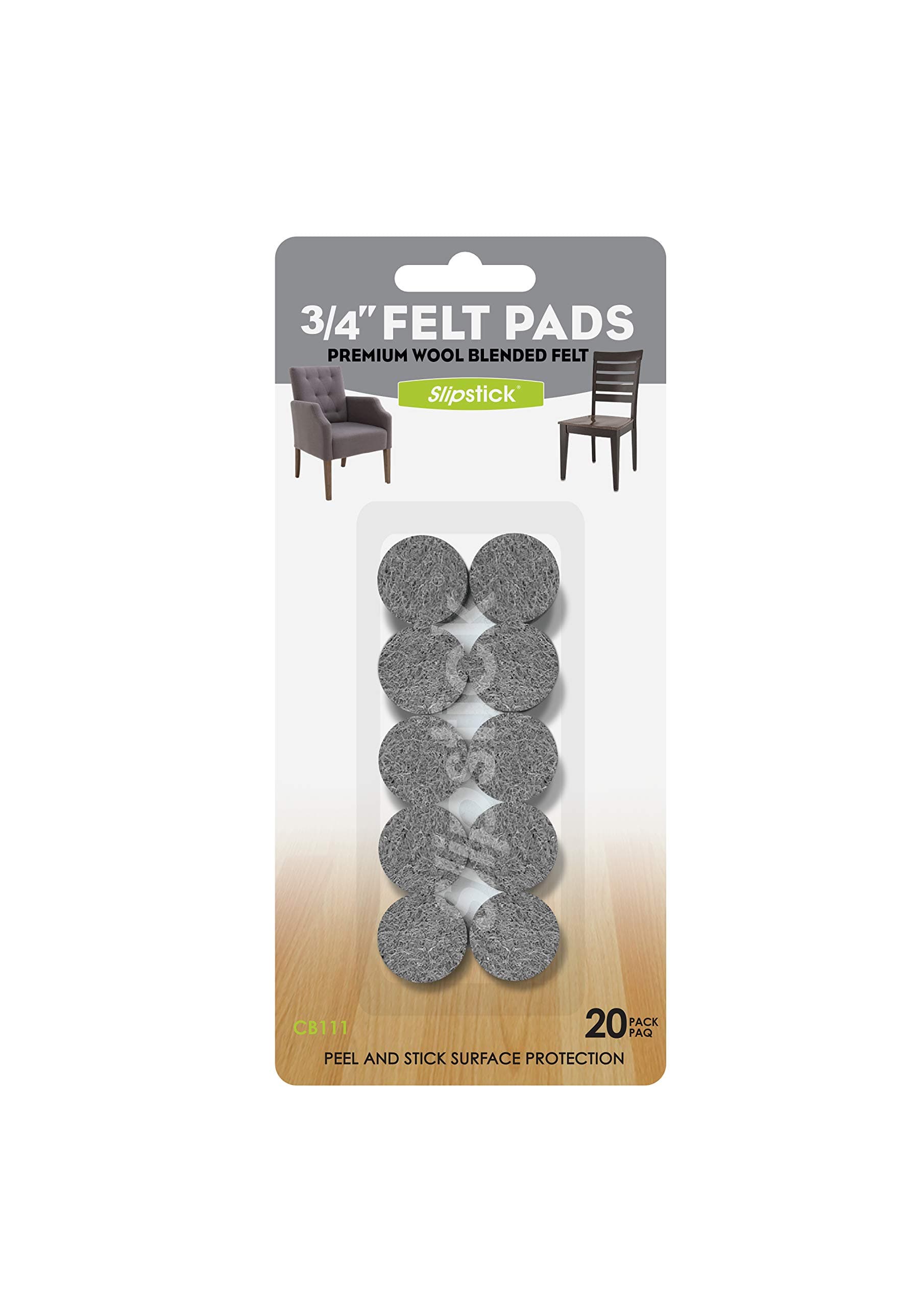 Slipstick Premium Wool Felt Furniture Pads/Small Chair Feet Floor Protectors (3/4 Inch Round) Includes 20 Heavy-Duty Felt Pads with Self Stick Adhesive, Gray, CB111