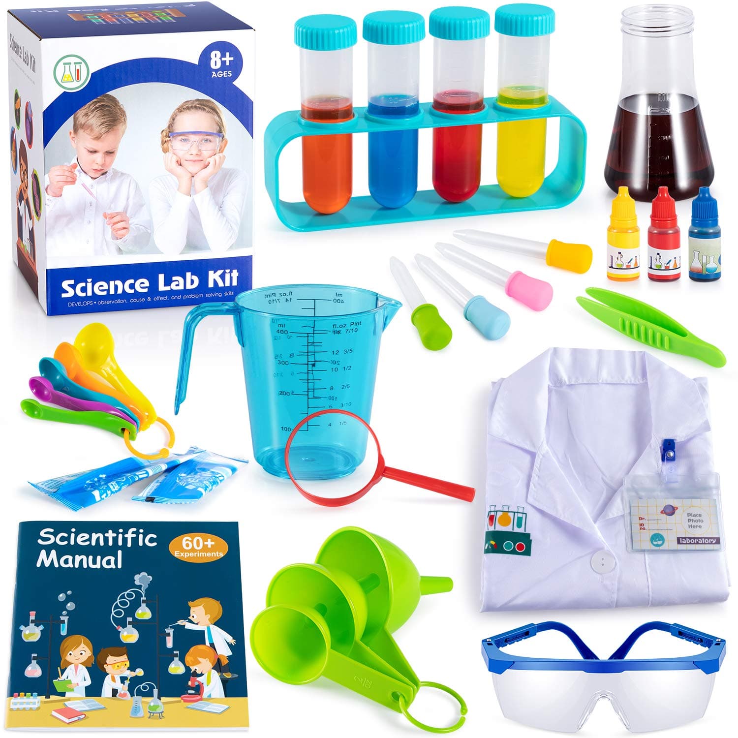 Kids Science Kits with Lab Coat, 60 Fun Science Experiments for Kids, Science Lab Kit Costume Dress Up and Role Playing Games, Explore STEM Educational Learning Science Toys Kids Ages 8+
