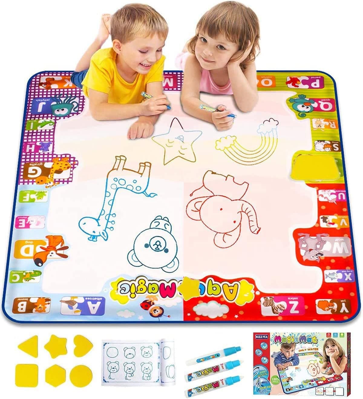 KIZZYEA KIZZYEA Water Doodle Mat,Kids Toys Large Aqua Drawing Mat Toddlers Painting Board Neon Colors,Gifts Girls Boys Age 2 3 4 5+ Year Old,30 X 30,4 Pens,Drawing Molds Booklet Included