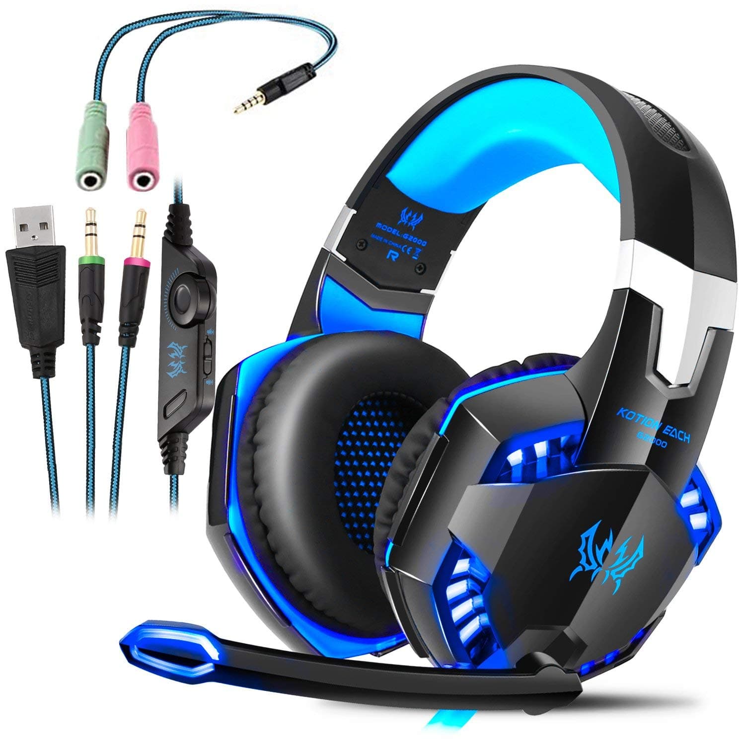 ArkarTech Gaming Headphones with 3.5mm LED Jack with Microphone, Stereo and Volume Control for PS4, Xbox One, NES, PC and Laptop black & blue Black & blue