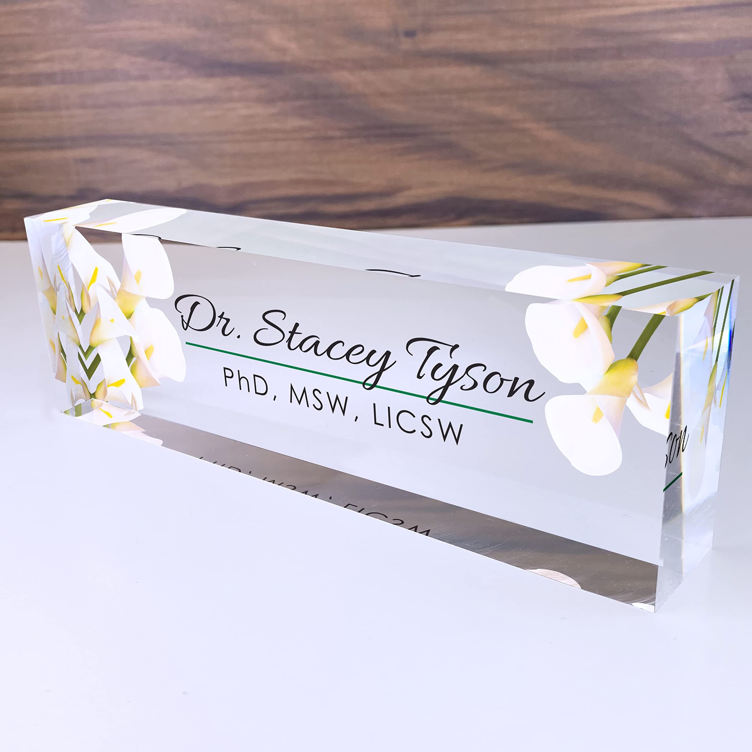 Artblox Office Desk Name Plate Personalized | Custom Name Plates for Desks | Calla Flowers Design On Clear Acrylic Glass | Office Desk Decor - (8" x 2.5")