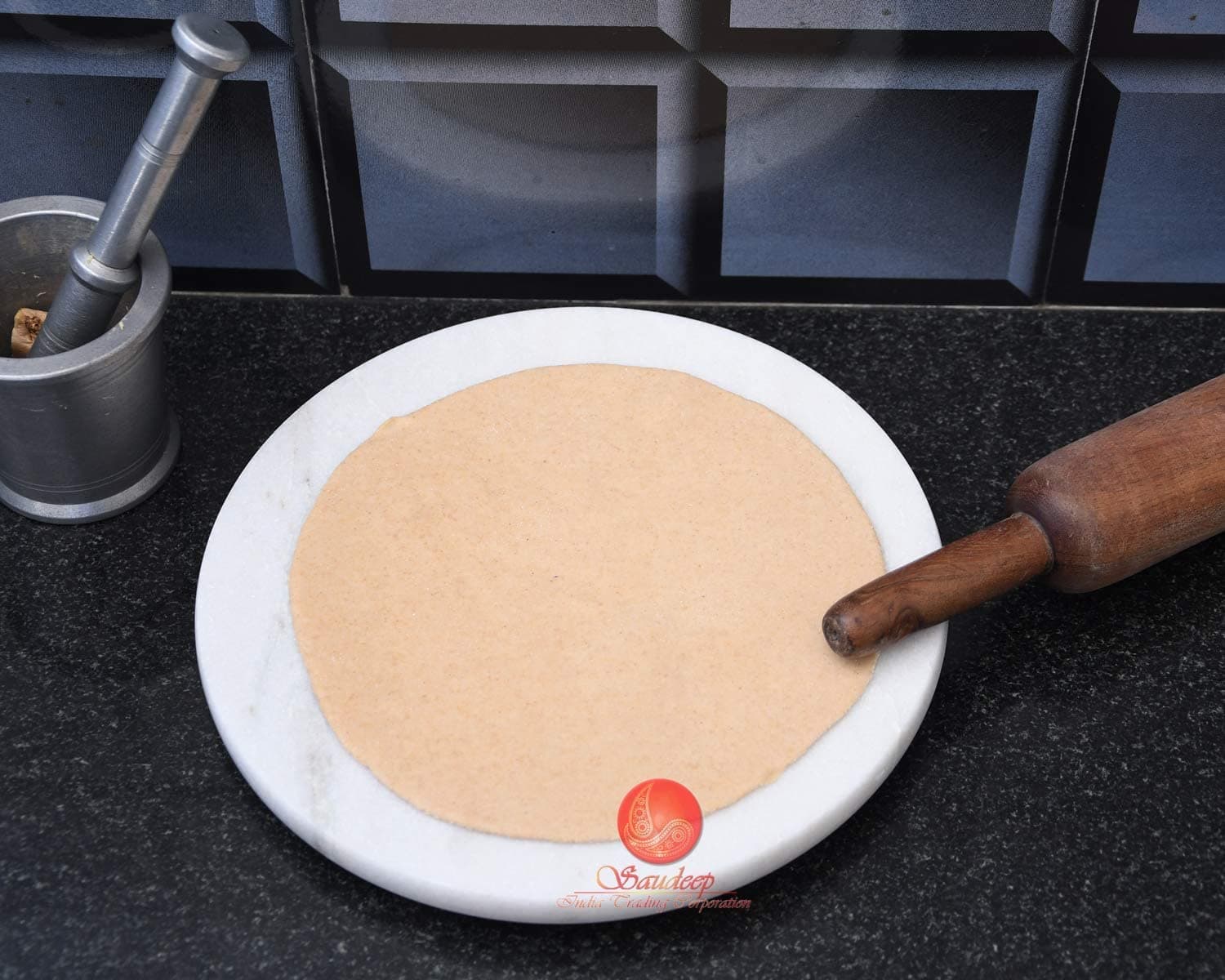 - Saudeep India Makrana Marble Chakla Belan Set | Anti Skid Round Rolling Pin Board Roti Maker | White Marble Polpat with Wooden Latna Chapati Maker(10 Inch)