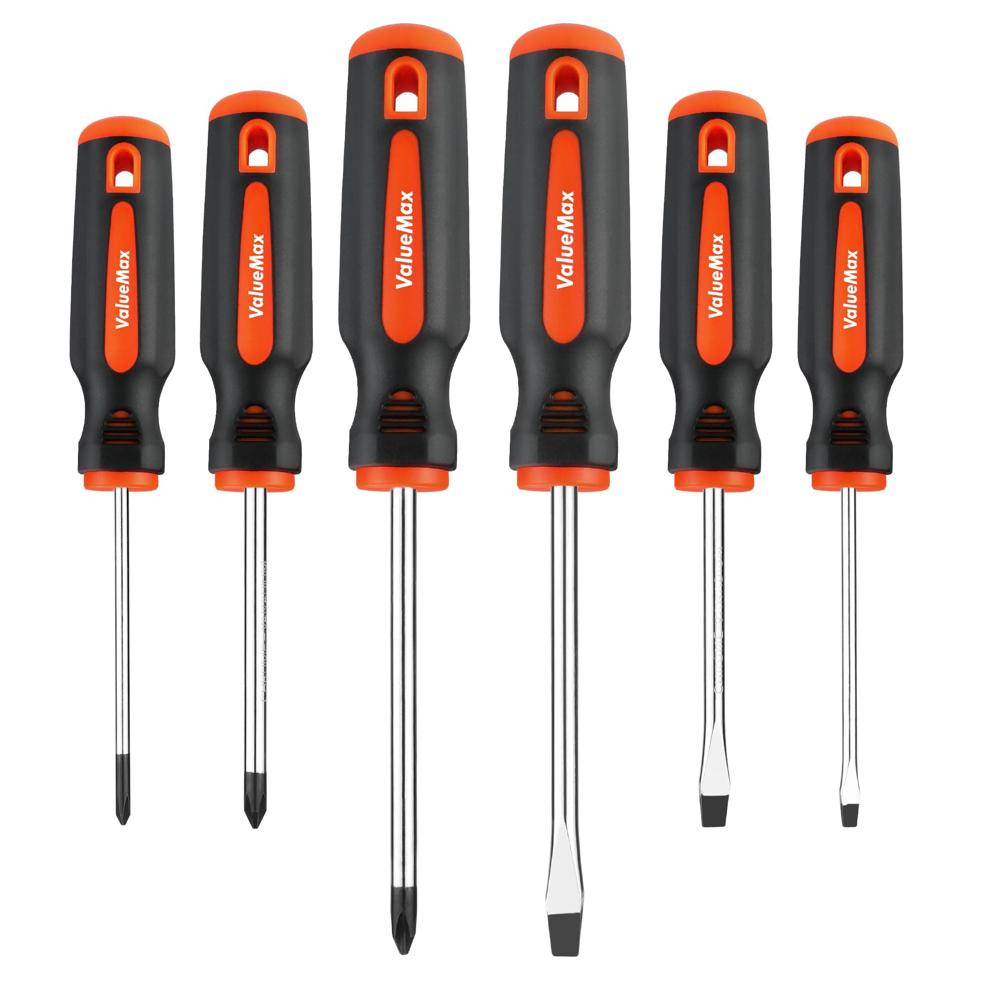 ValueMax 6-Piece Magnetic Screwdriver Set, 3 Phillips and 3 Flat Tip Screwdrivers, Non-slip Handle Screw Driver Set Kit