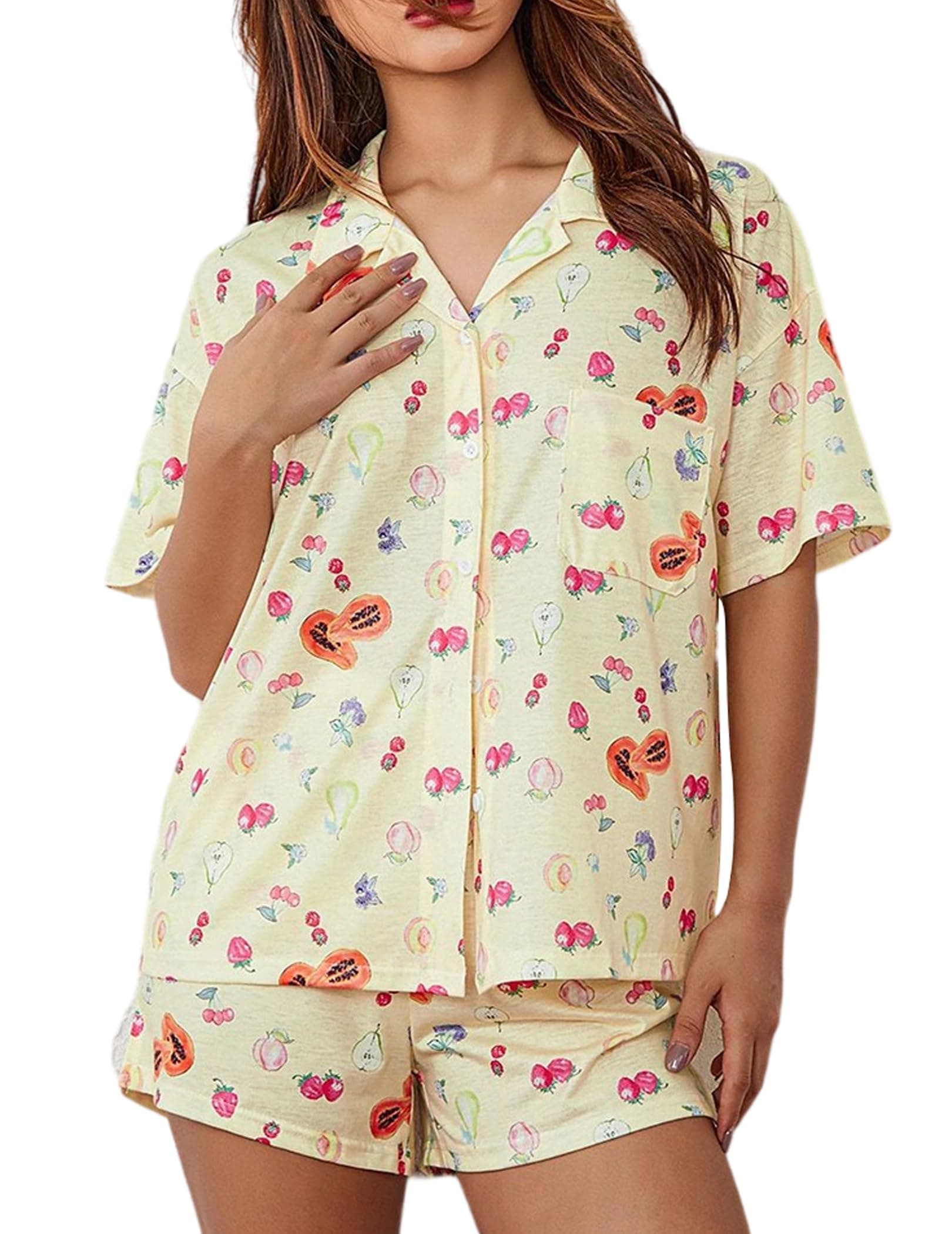 AINAC2 Piece Women Cute Cherry Pajamas Fruit Strawberry Pjs Set for Women Button up Pajama for Loungewear Sleepwear