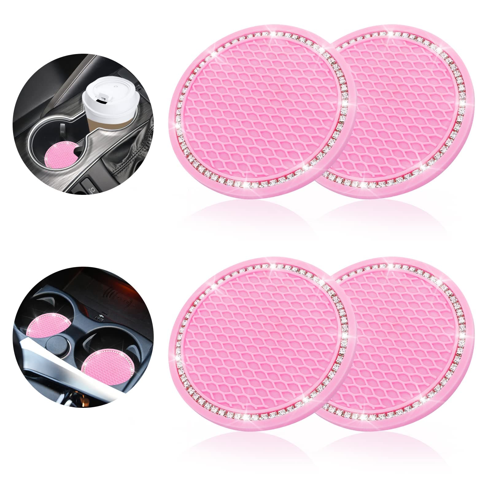 Bling Silicone Anti Slip Car Interior Accessories - 4pcs Rhinestone Crystal cup holder Coasters (Pink)