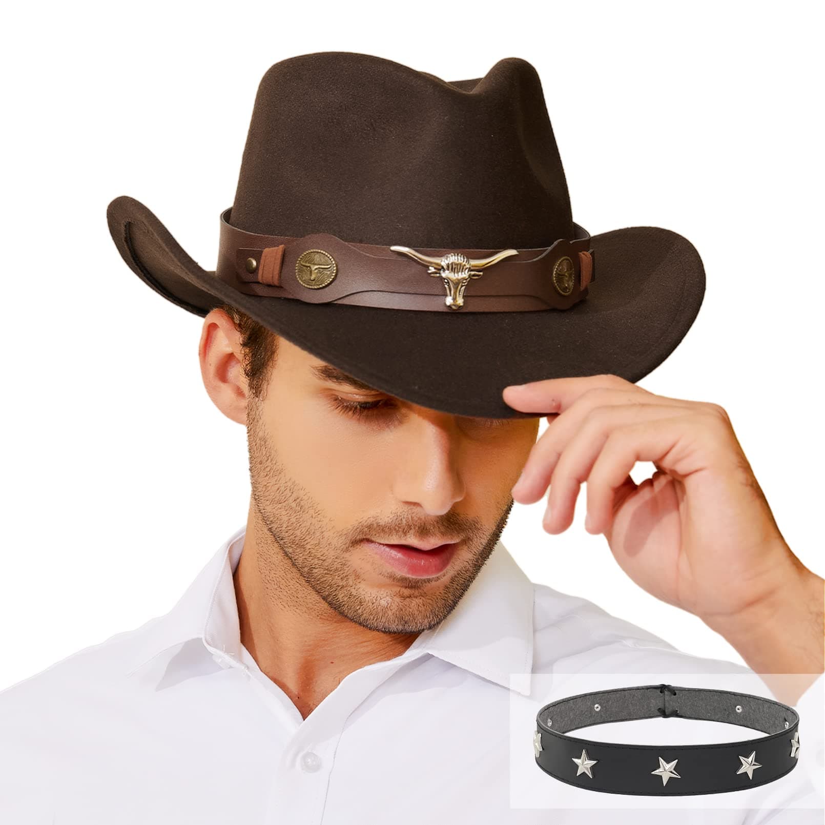 Cowboy Hat Men, Coffee Cowboy Hat for Women, Western Style Hat with Wide Belt Wide Brim Dark Brown