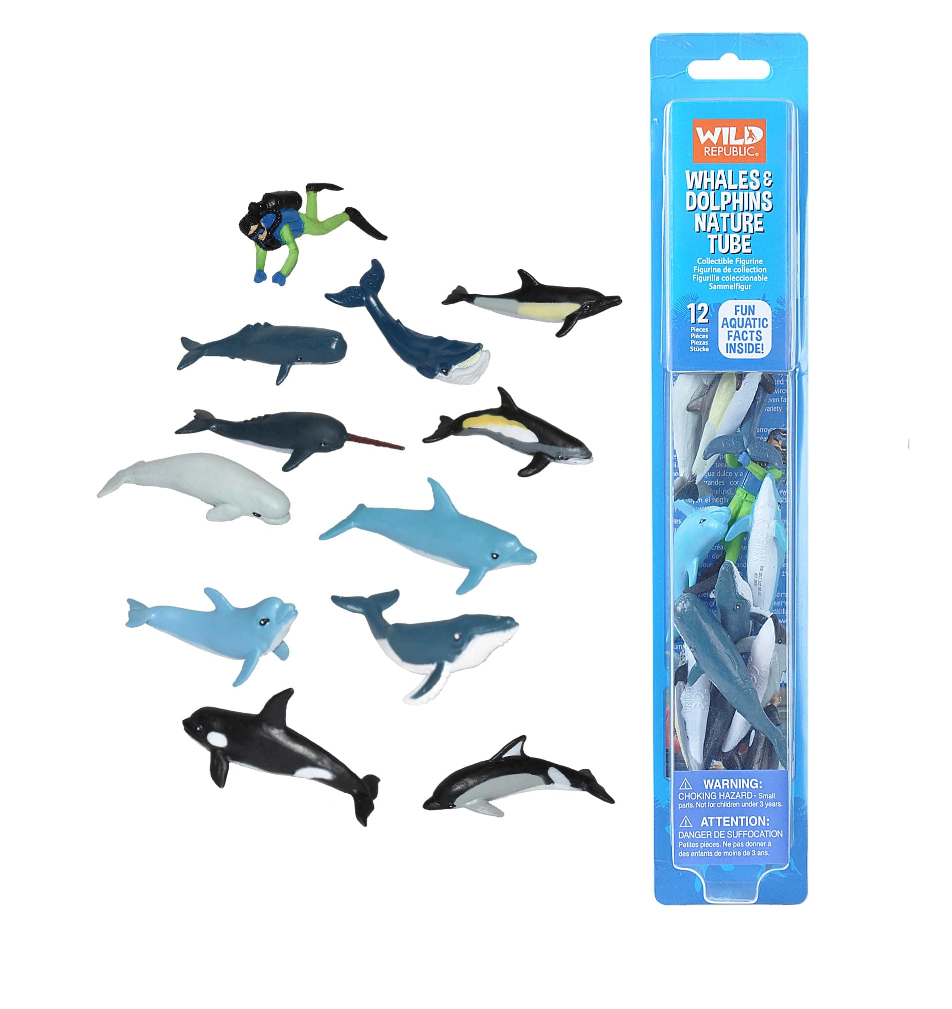(Whale and Dolphins) - Wild Republic Whales and Dolphins Tube, Bottlenose, Spotted, White-sided Dolphins, Narwhal, Orca, Beluga, Humpback, Grey, Whales and Diver