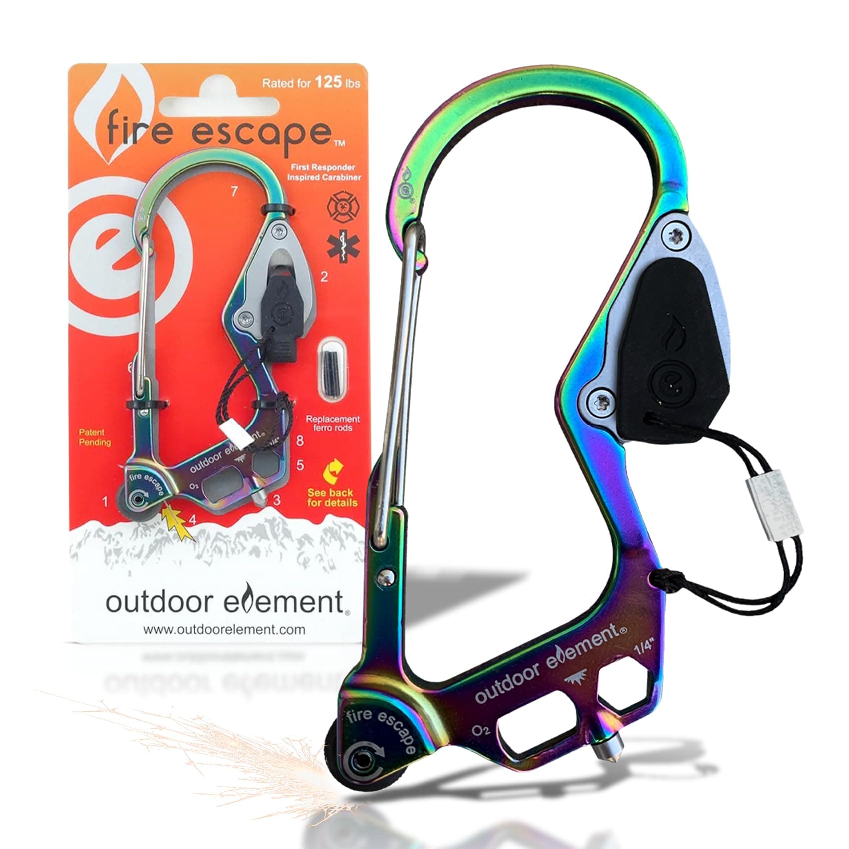 OUTDOOR ELEMENT Fire Escape, Emergency Escape Tool, Seatbelt Cutter, Window Breaker, Multi Tool, Fire Starter, Carabiner, and Much More