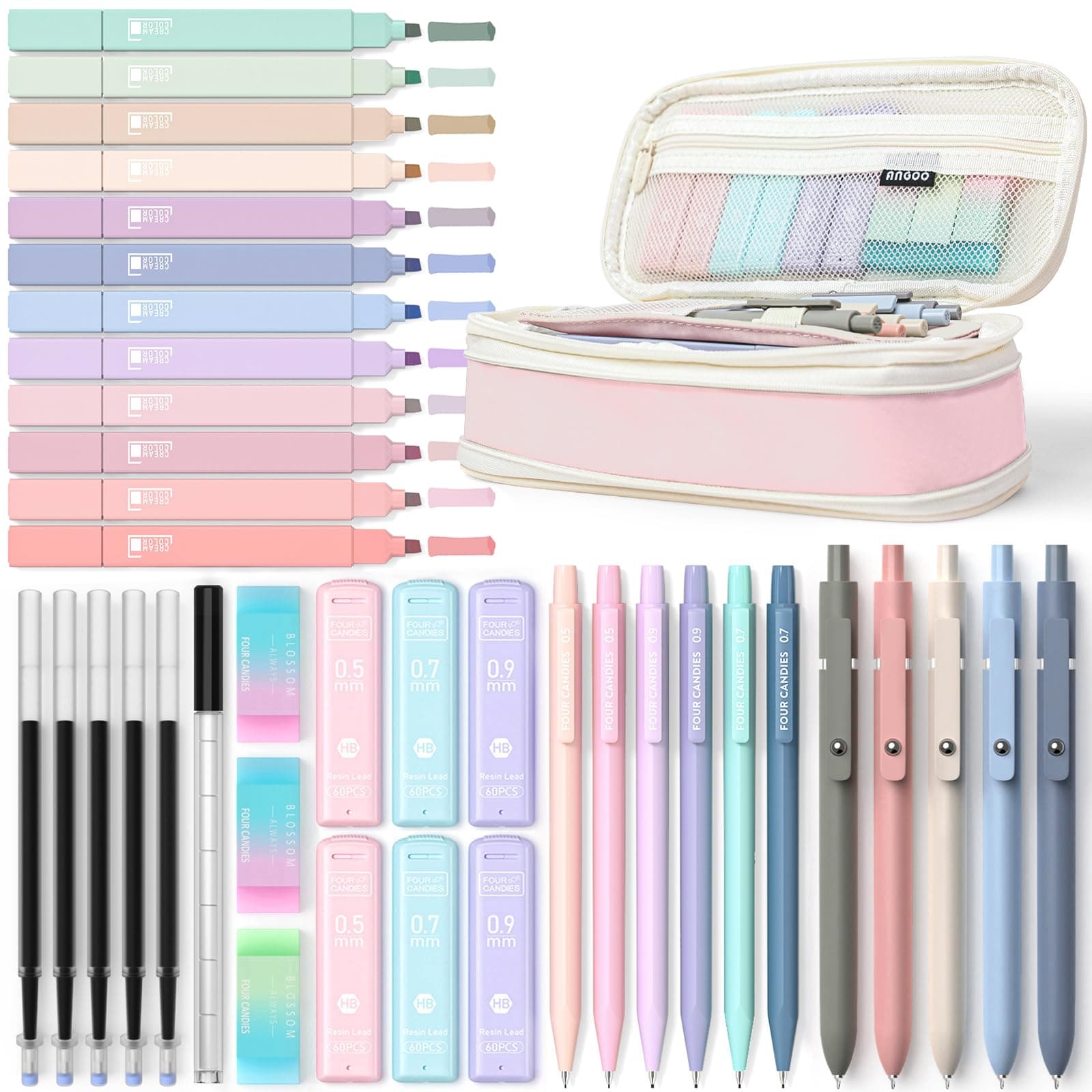 Four Candies 39 PCS Aesthetic School Supplies with Cute Pen Case, 12 Pastel Highlighters, 5 Black Ink Gel Pens, 6 Mechanical Pencils Set for Students Stationary College Essentials (Pink)
